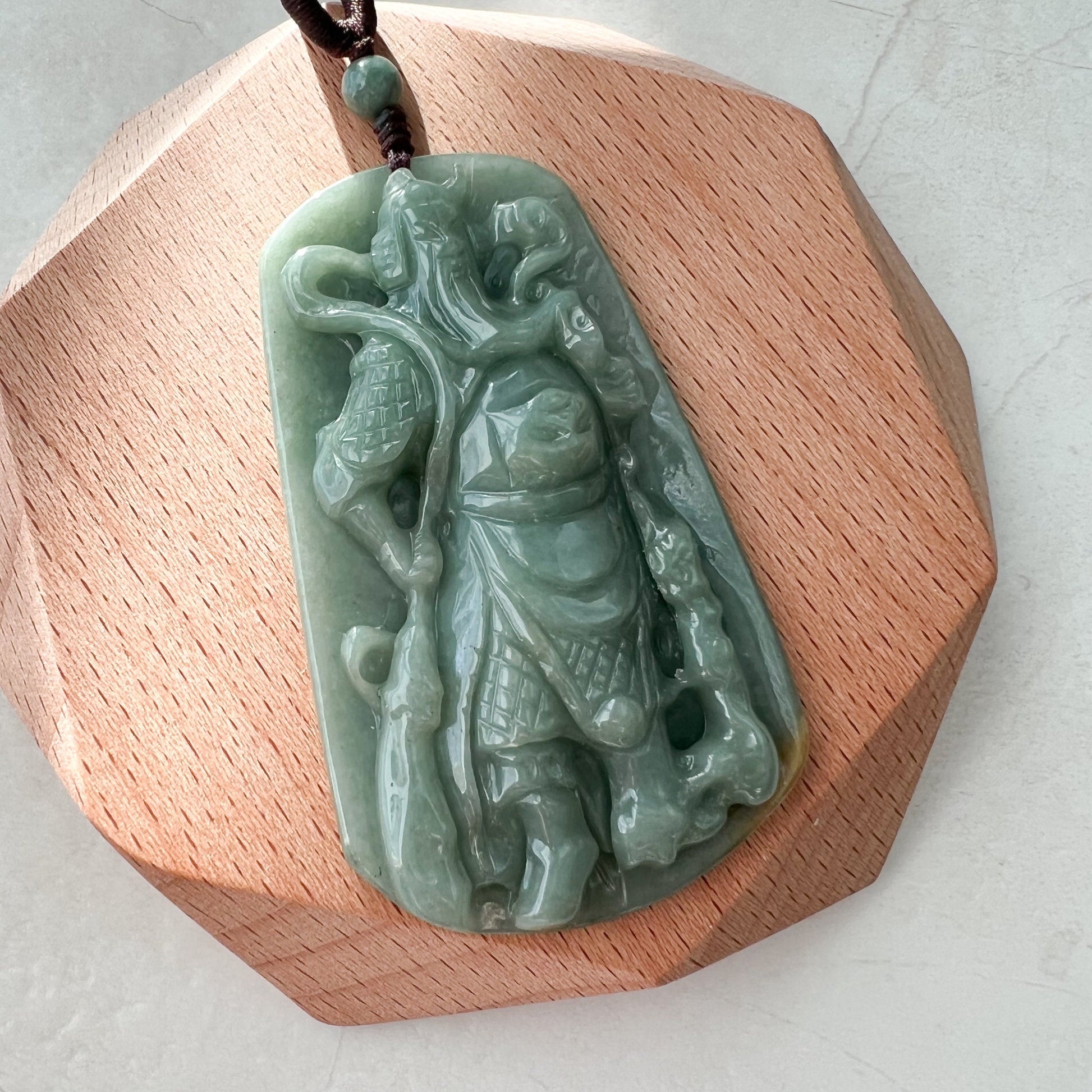 Large Green Jadeite Jade Guan Yu Guan Gong Carved Pendant Necklace, YJ-1221-0228922 - AriaDesignCollection