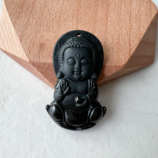 Black Jadeite Jade Omphacite Baby Buddha Necklace, LGG-1221-1646854499 - AriaDesignCollection