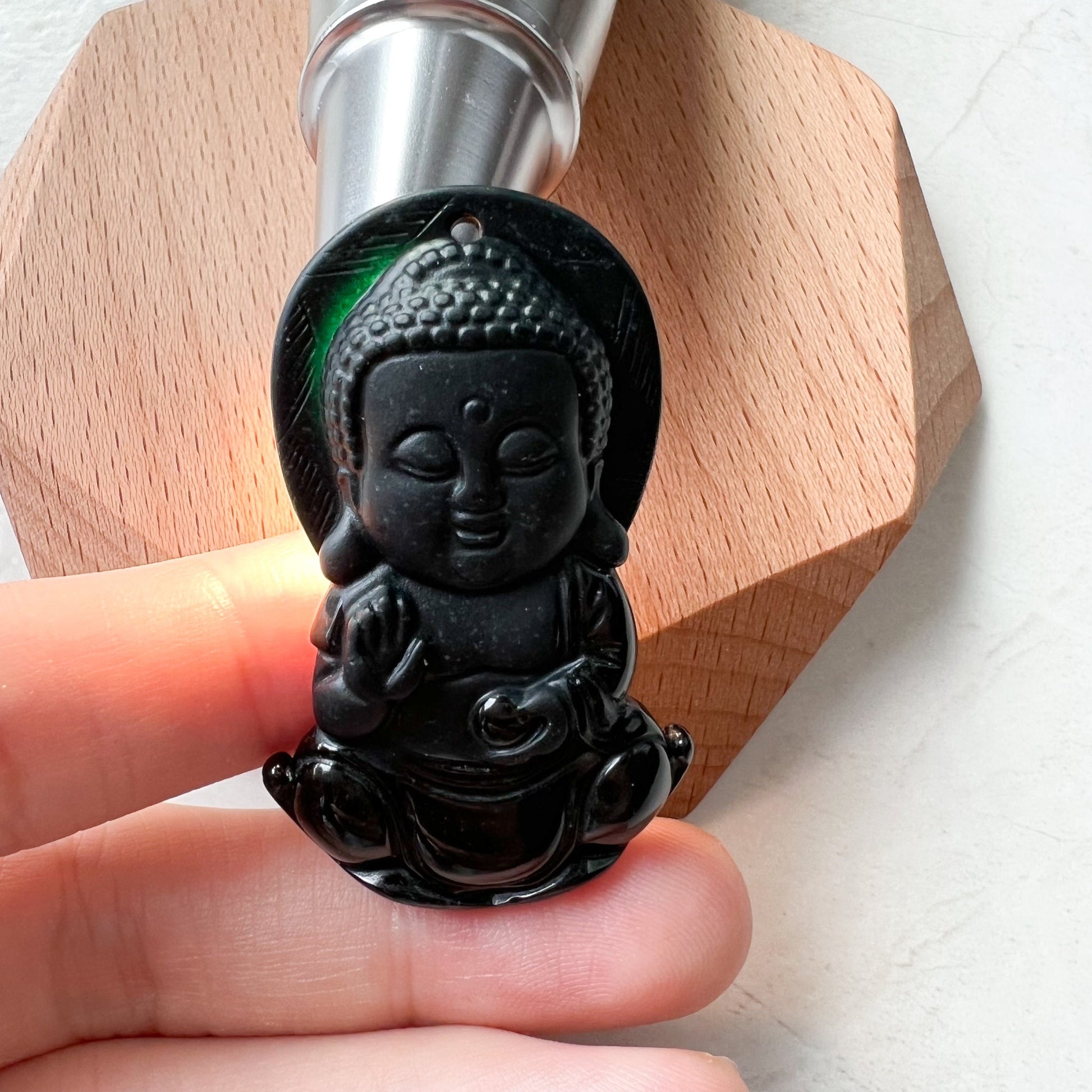 Black Jadeite Jade Omphacite Baby Buddha Necklace, LGG-1221-1646854499 - AriaDesignCollection