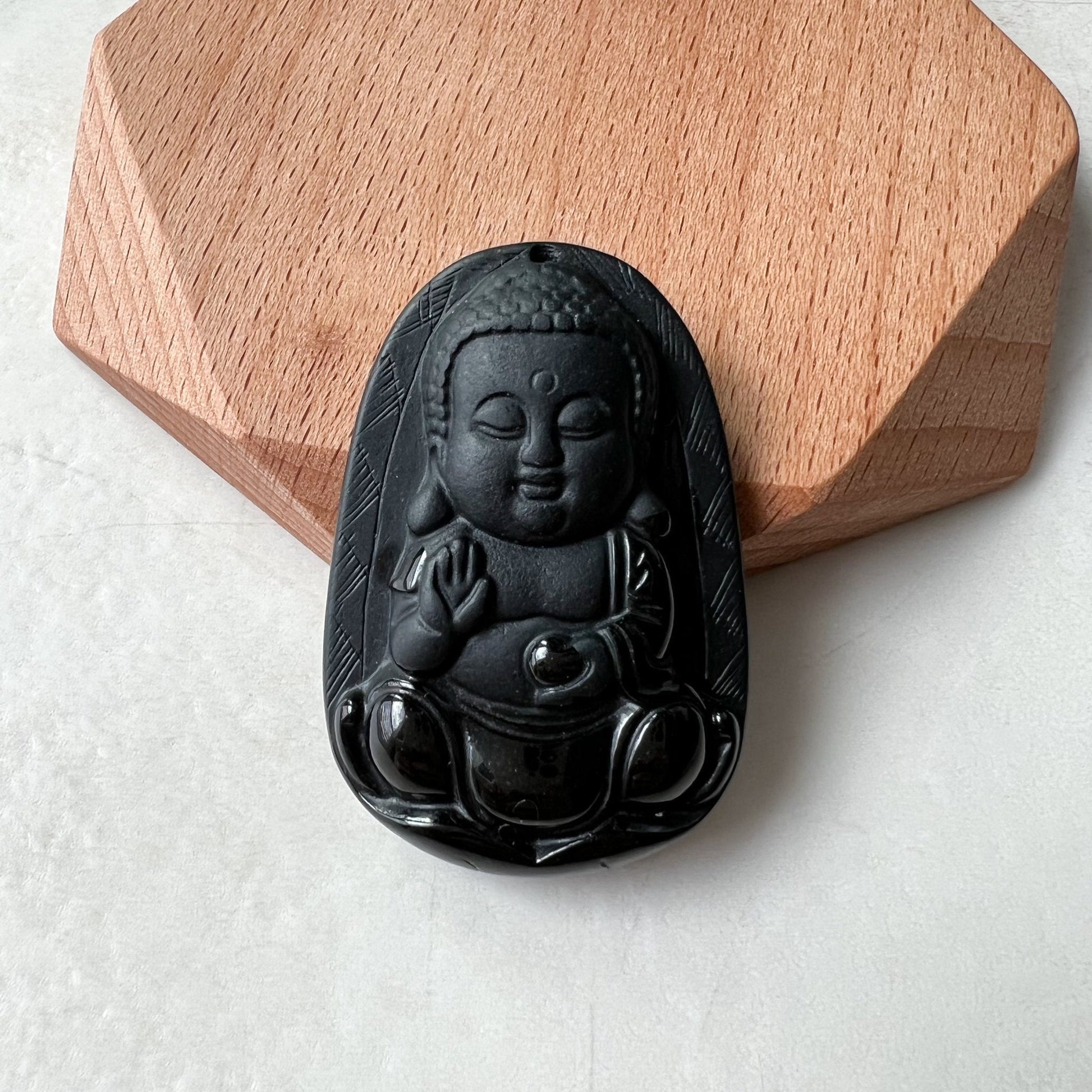 Black Jadeite Jade Omphacite Baby Buddha Necklace, LGG-1221-1646854463 - AriaDesignCollection