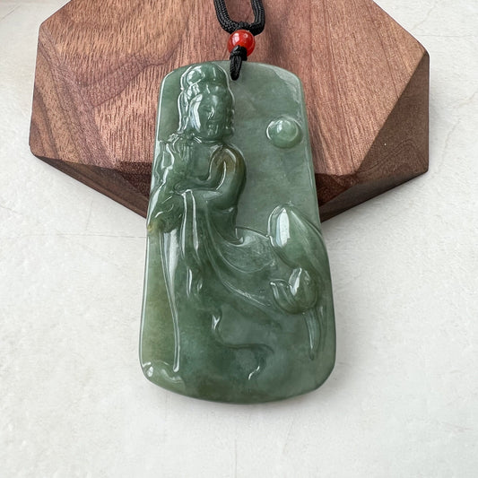 Jadeite Jade Guan Yin Kwan Yin Protected by Dragon Avalokitesvara Semi-Translucent Carved Pendant Necklace, Quan Am, YJ-0921-0166679 - AriaDesignCollection