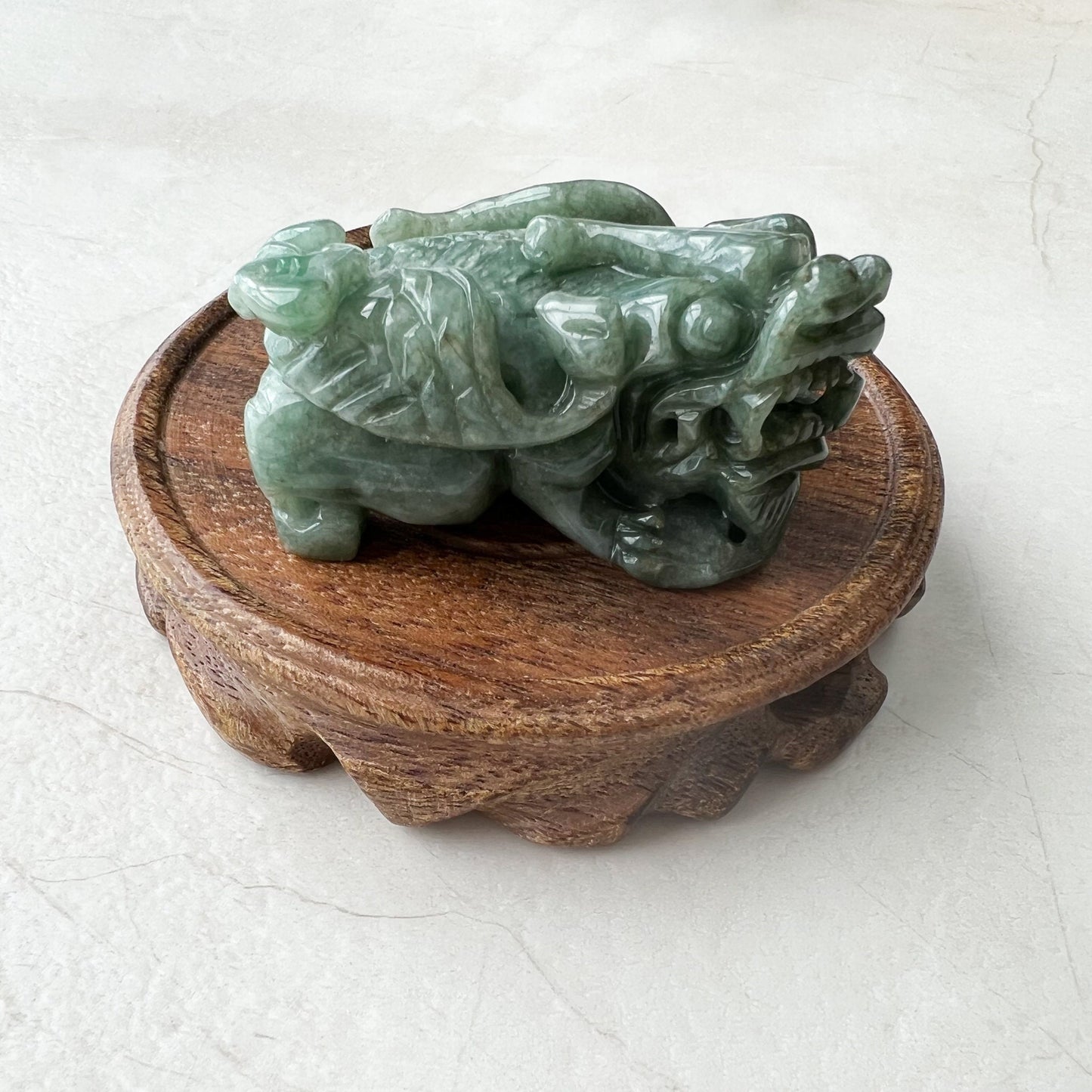 Jadeite Jade Winged Pixiu Pi Xiu Dragon Lion, Chinese Hand Carved Statue, Figurine, Display, Decoration, Green Jade, YJ-1221-0252055 - AriaDesignCollection