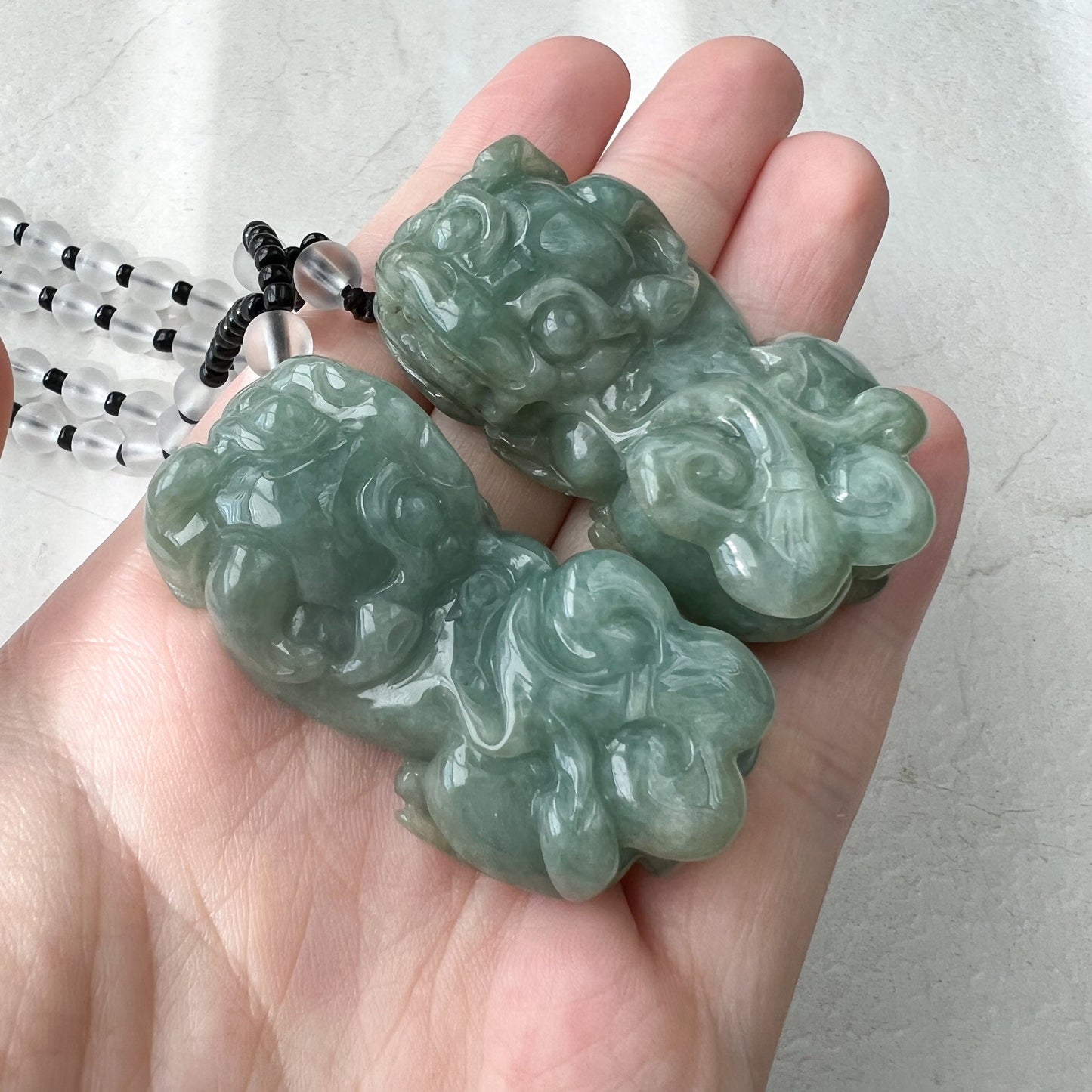 Pair Jadeite Jade Pi Xiu, Pi Yao, Dragon lion Chinese Carved Pendant, YJ-1221-0296257 - AriaDesignCollection