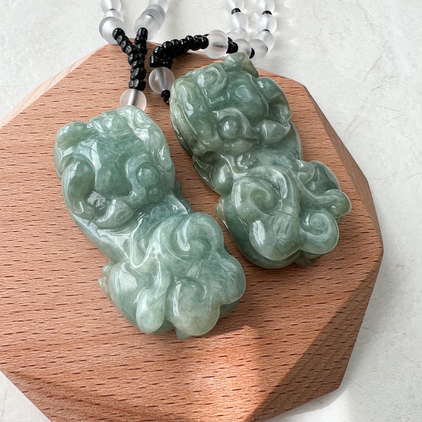 Pair Jadeite Jade Pi Xiu, Pi Yao, Dragon lion Chinese Carved Pendant, YJ-1221-0296257 - AriaDesignCollection