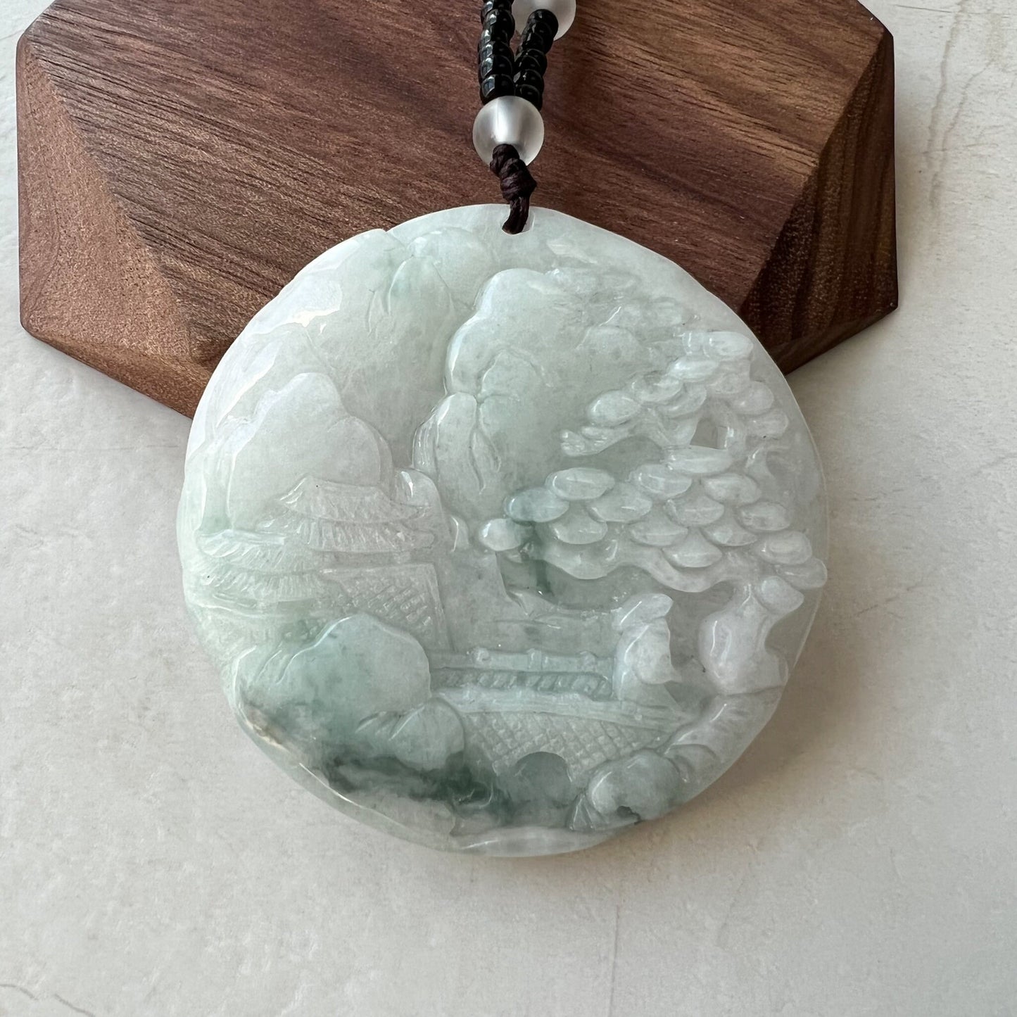 Jadeite Jade Landscape Mountain Forest River Scenery Hand Carved Pendant Necklace, Double Sided Carving, YJ-0921-0171769 - AriaDesignCollection