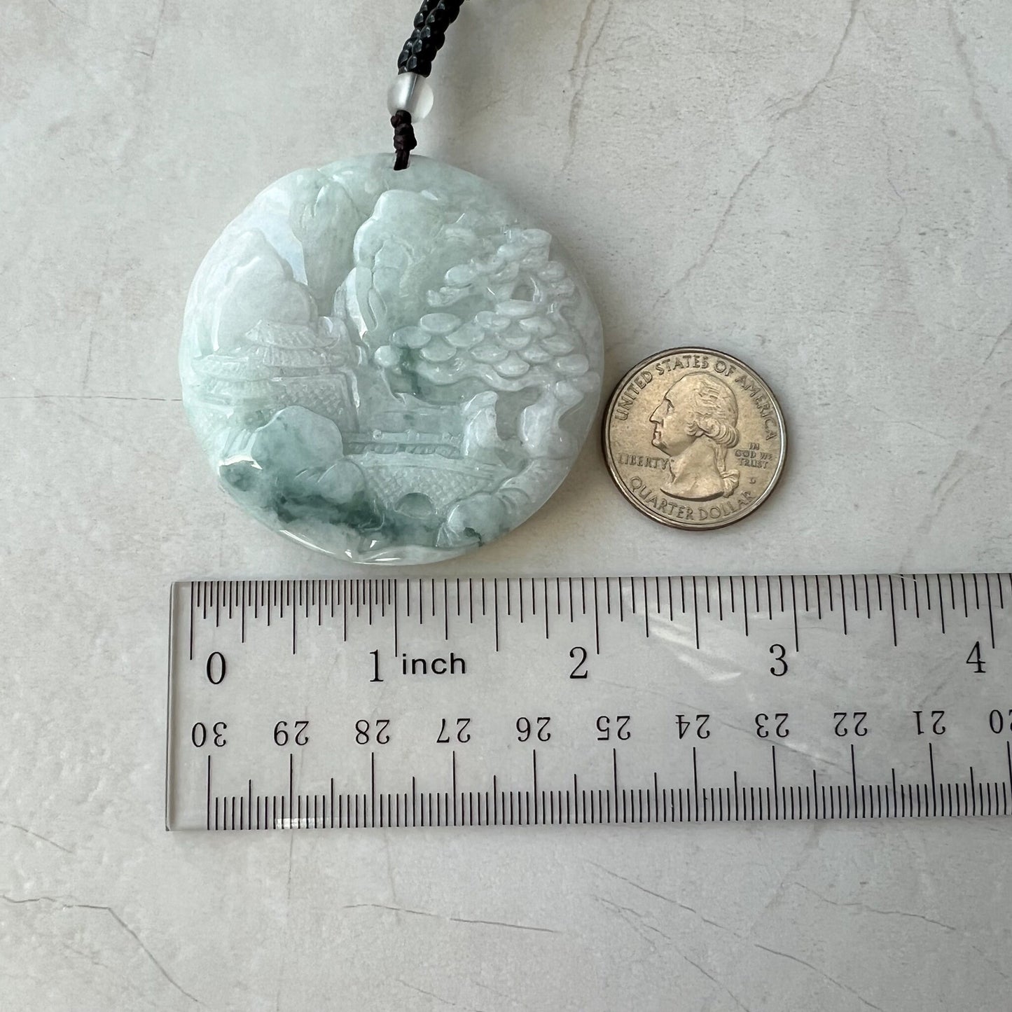 Jadeite Jade Landscape Mountain Forest River Scenery Hand Carved Pendant Necklace, Double Sided Carving, YJ-0921-0171769 - AriaDesignCollection