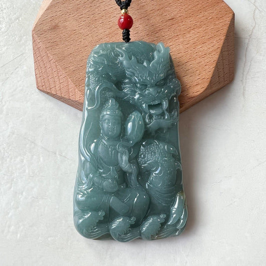 Large Jadeite Jade Guan Yin Kwan Yin Protected by Dragon Avalokitesvara Semi-Translucent Carved Pendant Necklace, ZYF-1221-1646804502 - AriaDesignCollection
