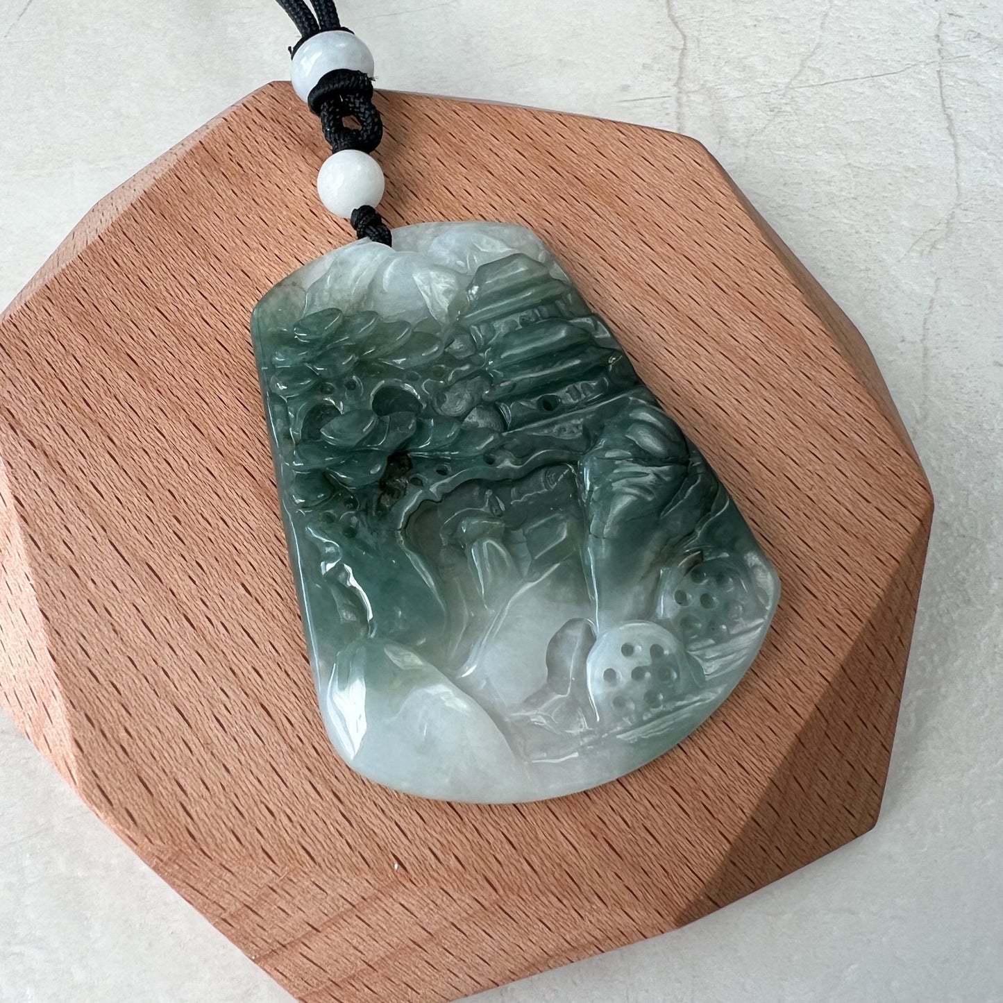 Jadeite Jade Tree Landscape Mountain Forest River Scenery Hand Carved Pendant Necklace, YJ-0921-0137879 - AriaDesignCollection