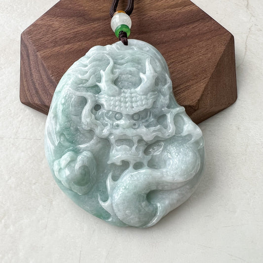 Large Green Jadeite Jade Dragon Chinese Zodiac Hand Carved Pendant Necklace, YJ-0921-0338655 - AriaDesignCollection