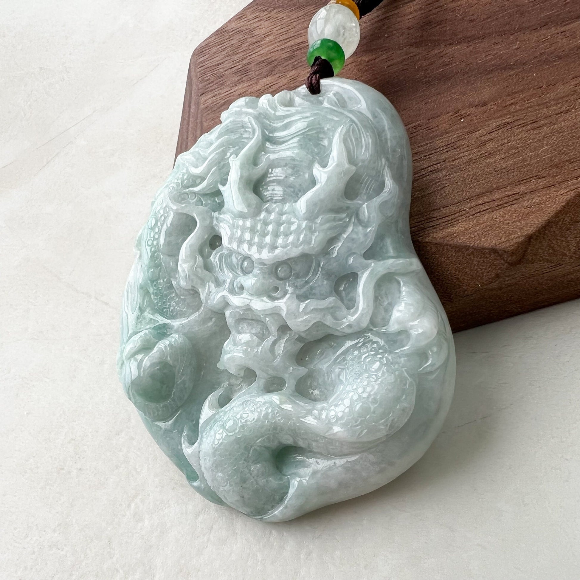 Large Green Jadeite Jade Dragon Chinese Zodiac Hand Carved Pendant Necklace, YJ-0921-0338655 - AriaDesignCollection