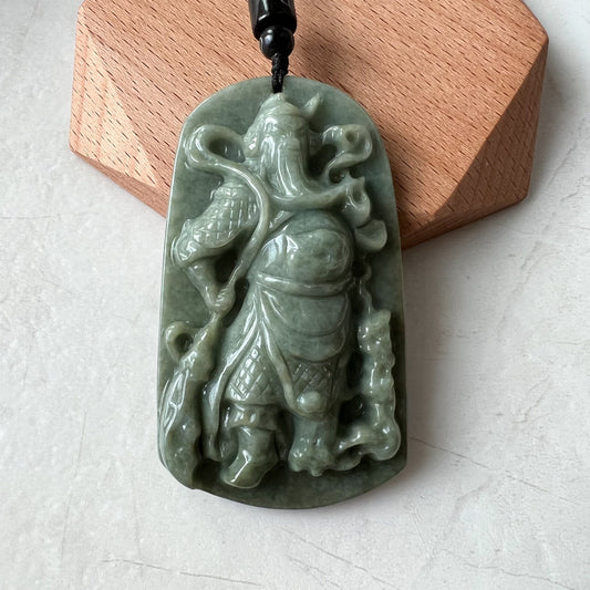 Large Green Jadeite Jade Guan Yu Guan Gong Carved Pendant Necklace, YJ-0621-0227652 - AriaDesignCollection