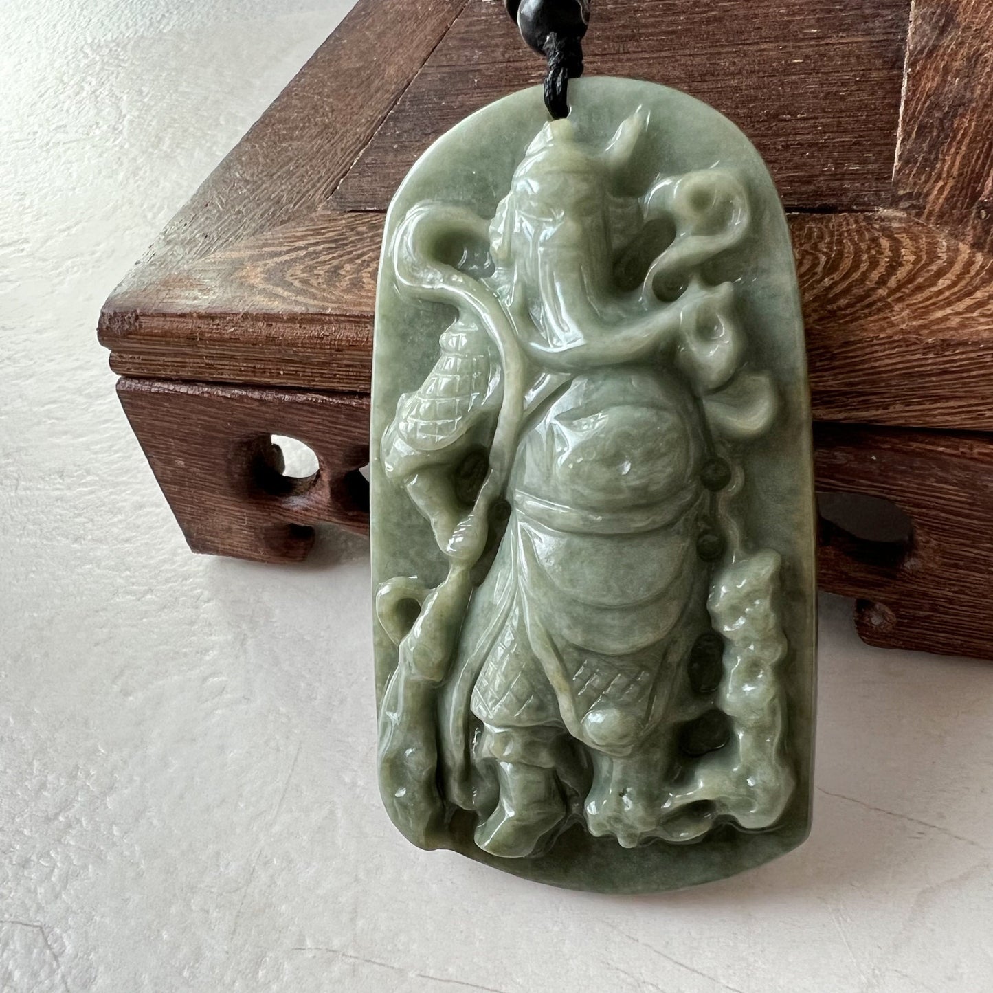 Large Green Jadeite Jade Guan Yu Guan Gong Carved Pendant Necklace, YJ-0621-0227652 - AriaDesignCollection