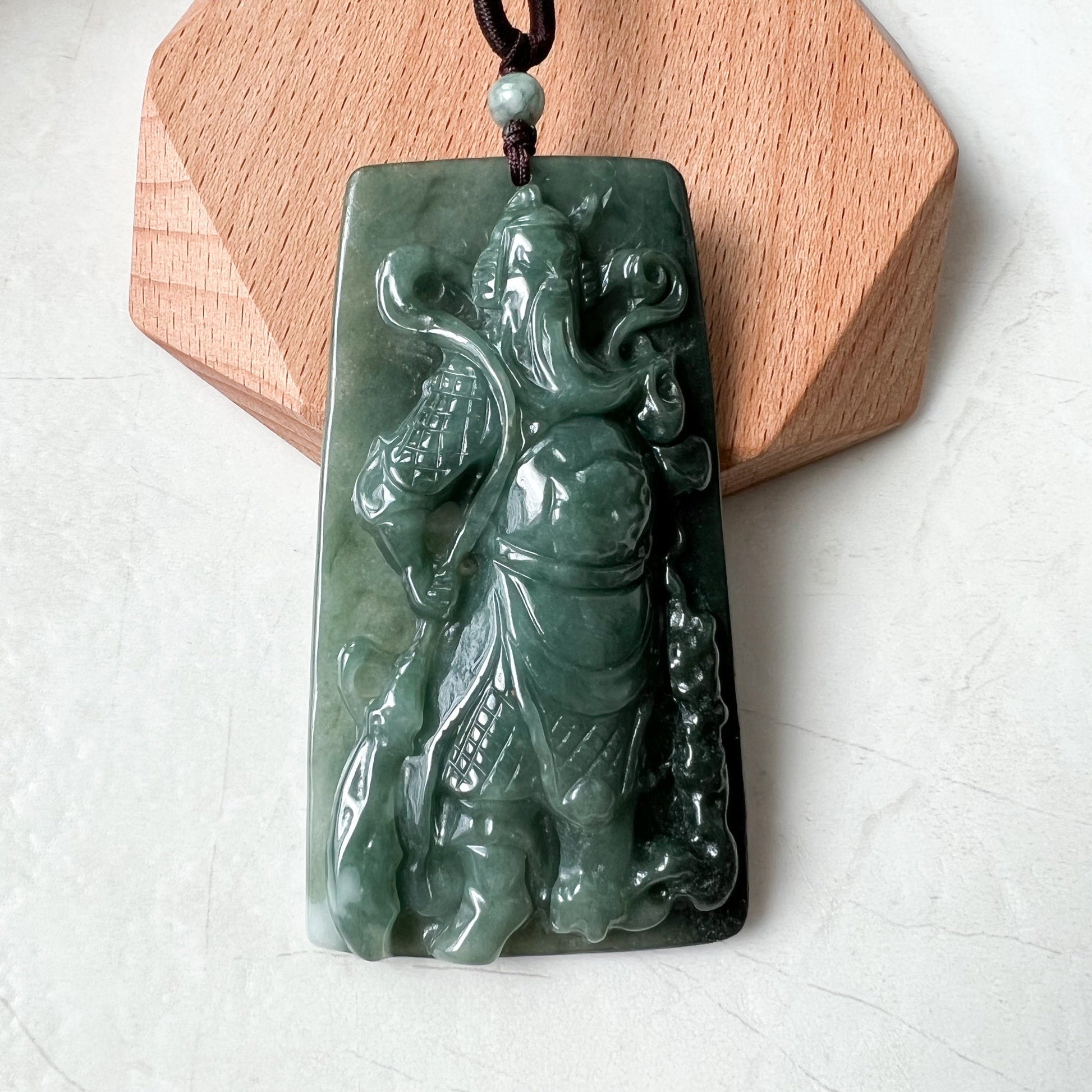 Large Green Jadeite Jade Guan Yu Guan Gong Carved Pendant Necklace, YJ-0621-0244293 - AriaDesignCollection