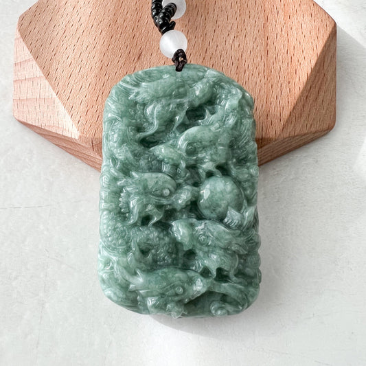 Green Jade 9 Dragon Jadeite Jade Chinese Zodiac Hand Carved Pendant Necklace, YJ-1221-0233671 - AriaDesignCollection