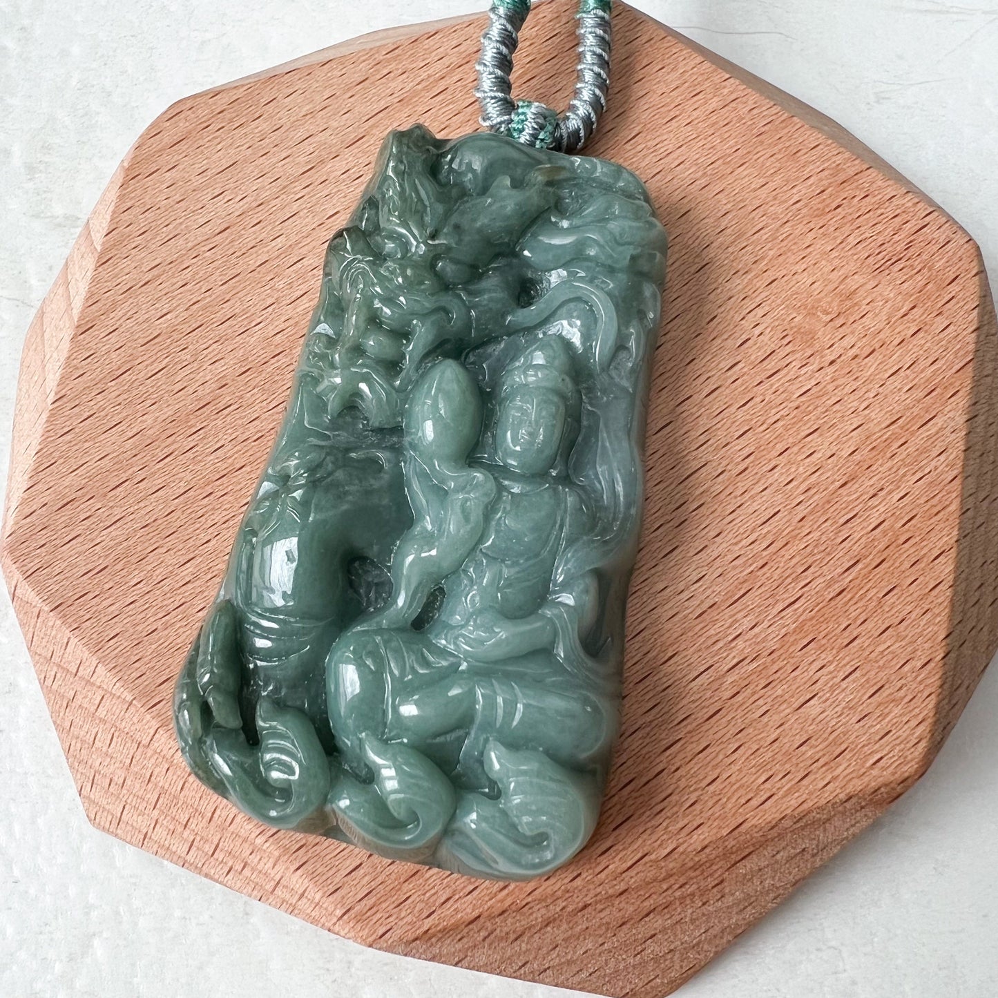 Jadeite Jade Guan Yin Kwan Yin Protected by Dragon Avalokitesvara Semi-Translucent Carved Pendant Necklace, YJ-1221-0227738 - AriaDesignCollection