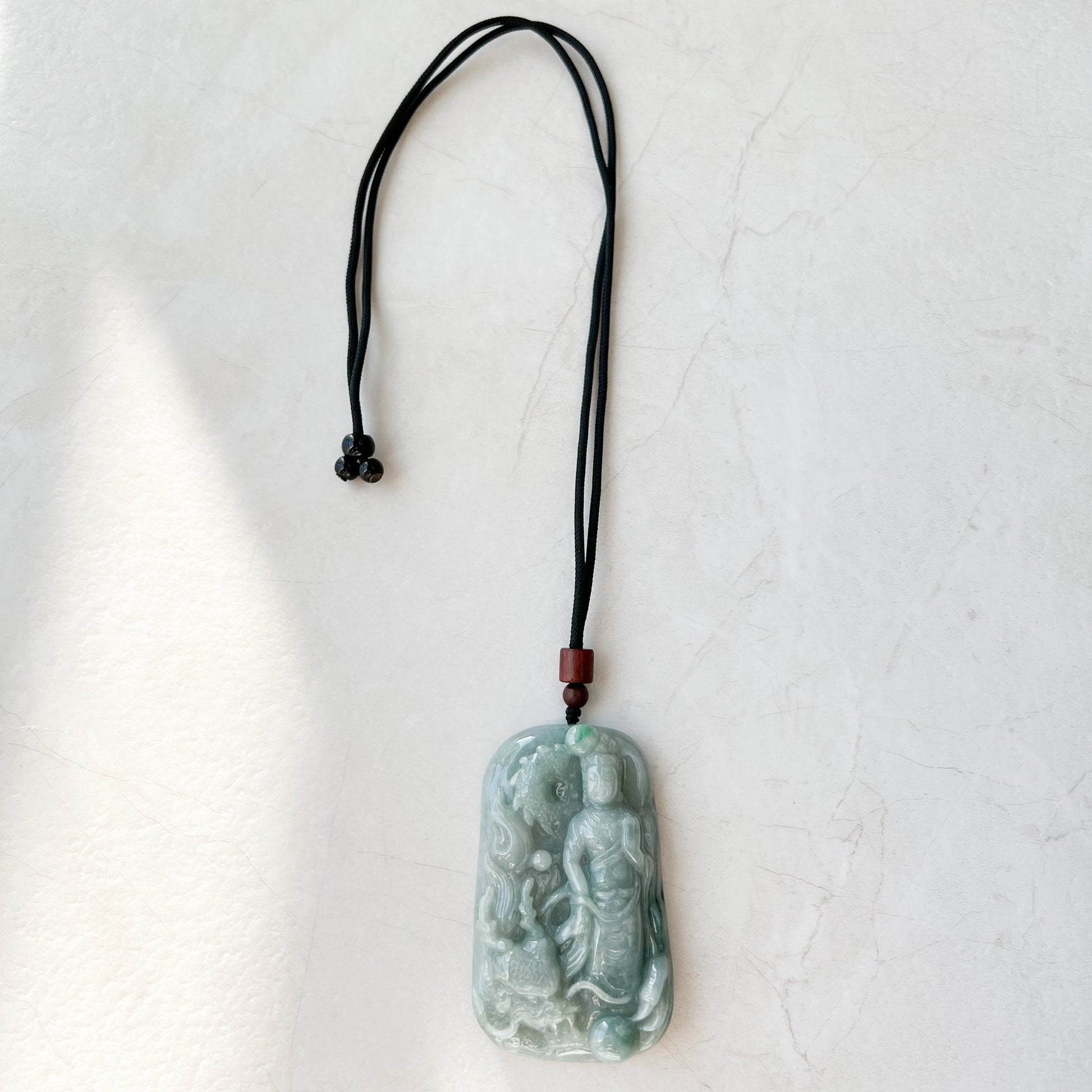 Large Jadeite Jade Guan Yin Kwan Yin Protected by Dragon Avalokitesvara Semi-Translucent Carved Pendant Necklace, YJ-0321-0348736 - AriaDesignCollection