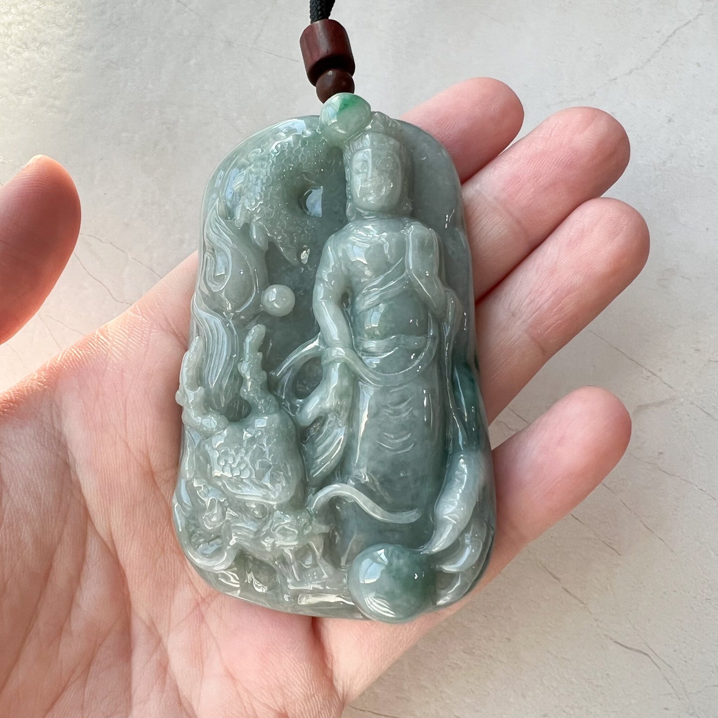 Large Jadeite Jade Guan Yin Kwan Yin Protected by Dragon Avalokitesvara Semi-Translucent Carved Pendant Necklace, YJ-0321-0348736 - AriaDesignCollection