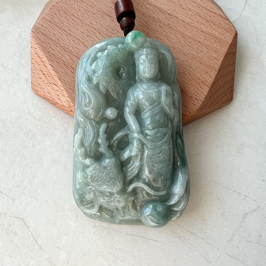 Large Jadeite Jade Guan Yin Kwan Yin Protected by Dragon Avalokitesvara Semi-Translucent Carved Pendant Necklace, YJ-0321-0348736 - AriaDesignCollection