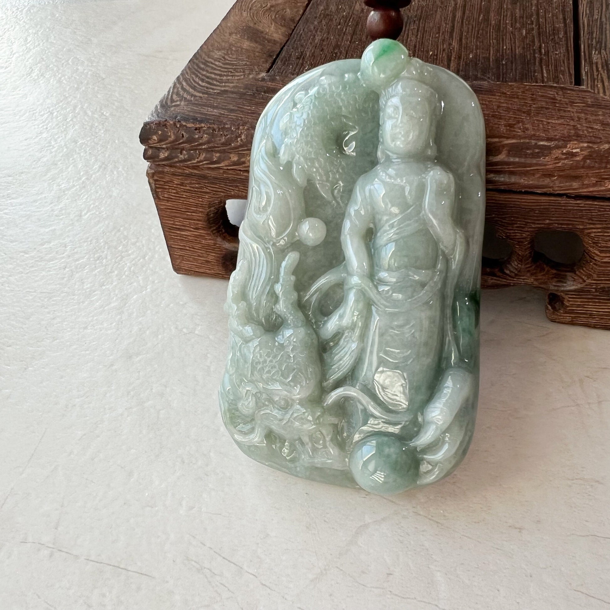 Large Jadeite Jade Guan Yin Kwan Yin Protected by Dragon Avalokitesvara Semi-Translucent Carved Pendant Necklace, YJ-0321-0348736 - AriaDesignCollection