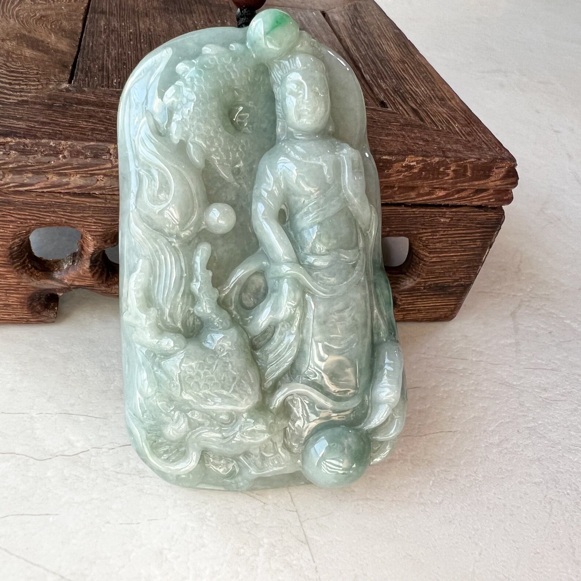 Large Jadeite Jade Guan Yin Kwan Yin Protected by Dragon Avalokitesvara Semi-Translucent Carved Pendant Necklace, YJ-0321-0348736 - AriaDesignCollection