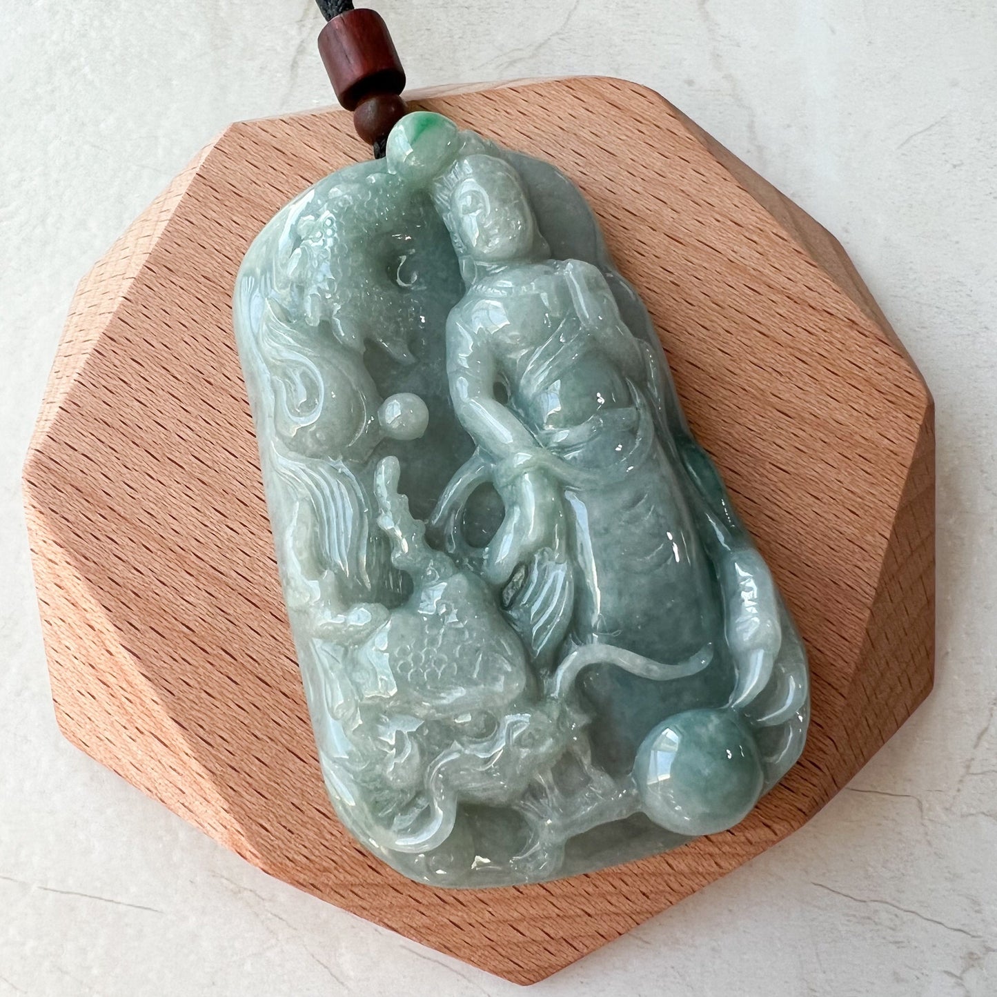 Large Jadeite Jade Guan Yin Kwan Yin Protected by Dragon Avalokitesvara Semi-Translucent Carved Pendant Necklace, YJ-0321-0348736 - AriaDesignCollection