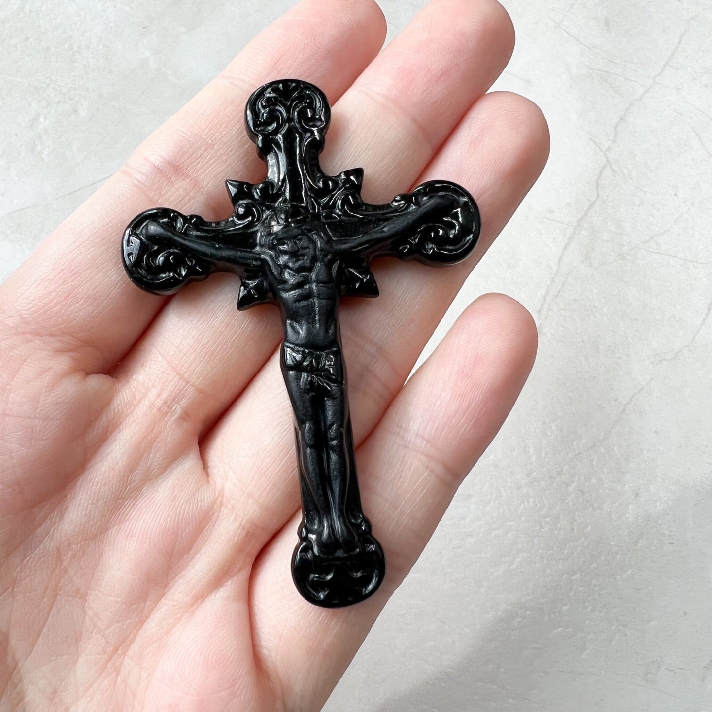 Black Jade Crucifix Cross Jesus, Jadeite Jade, Omphacite, Cross Carved Necklace, LGG-1221-1646866976 - AriaDesignCollection