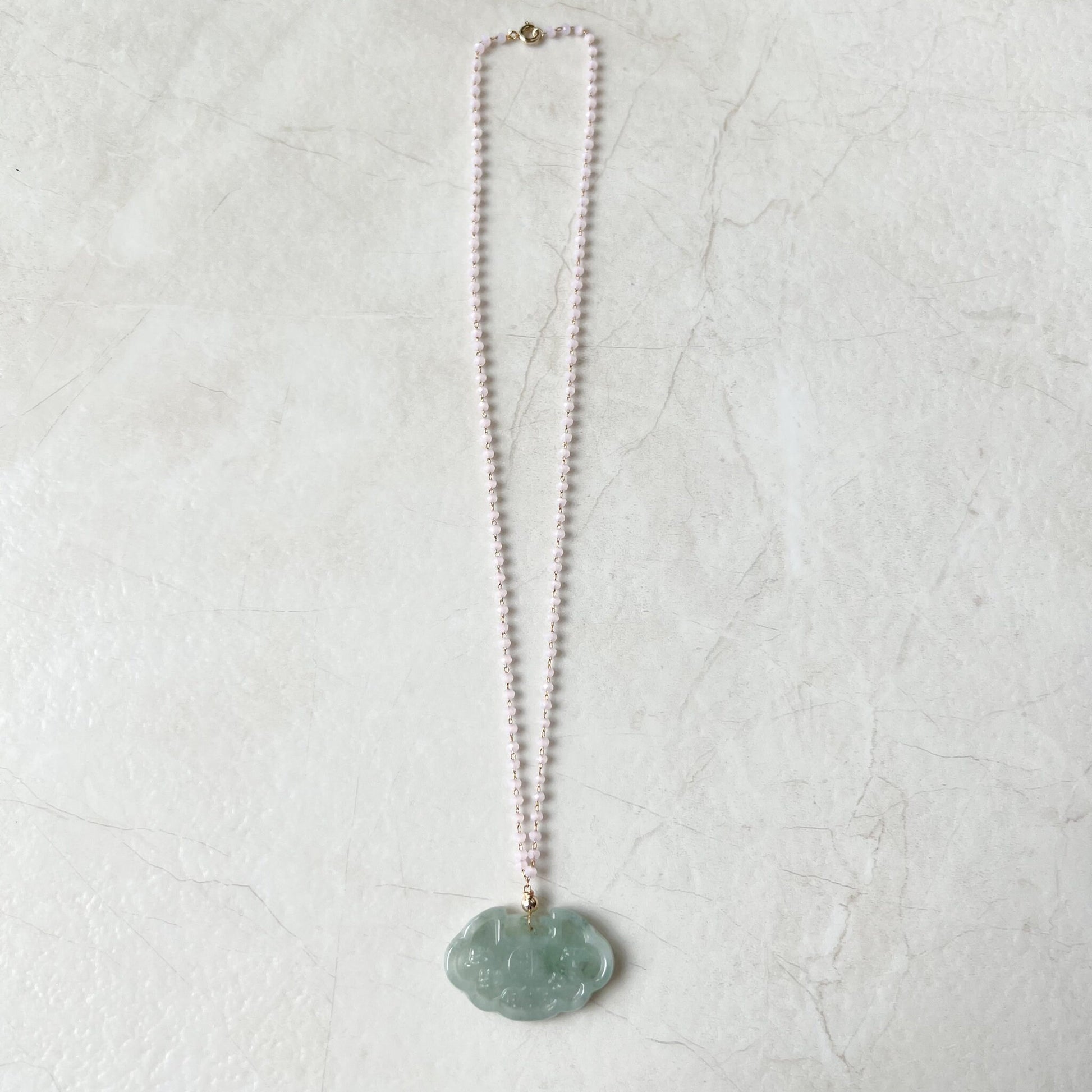 Small Jadeite Jade Longevity Lock Carved Necklace, HY-0921-0061992 - AriaDesignCollection