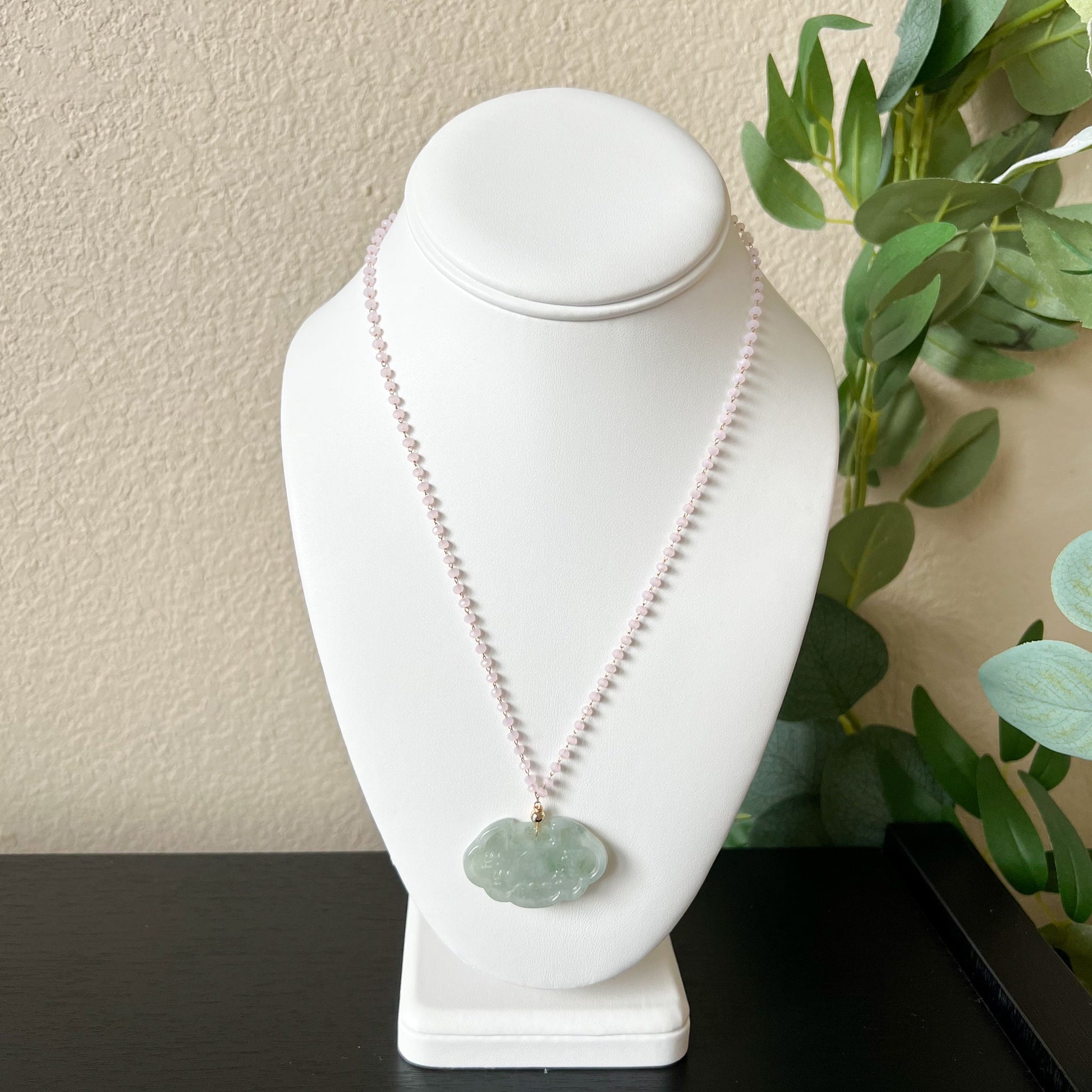 Small Jadeite Jade Longevity Lock Carved Necklace, HY-0921-0061992 - AriaDesignCollection