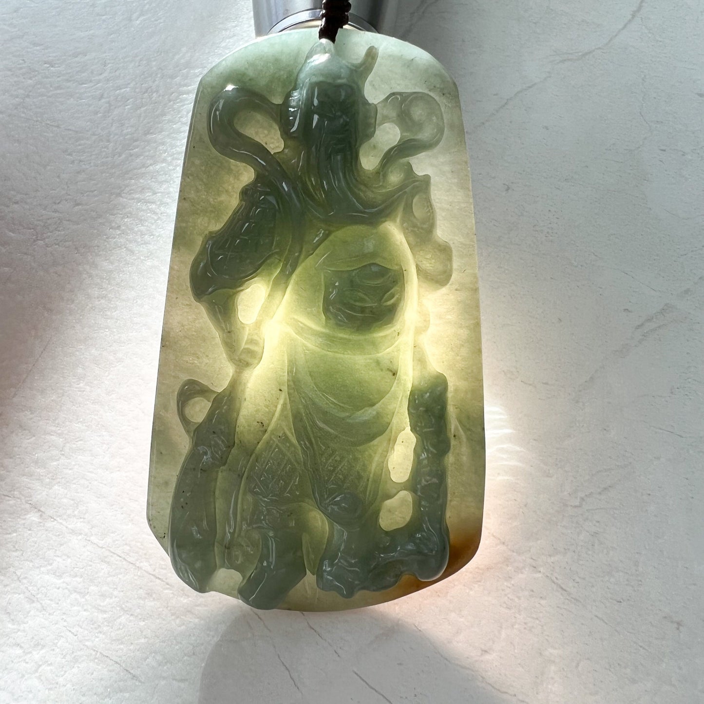 Large Green Jadeite Jade Guan Yu Guan Gong Carved Pendant Necklace, YJ-1221-0228922 - AriaDesignCollection