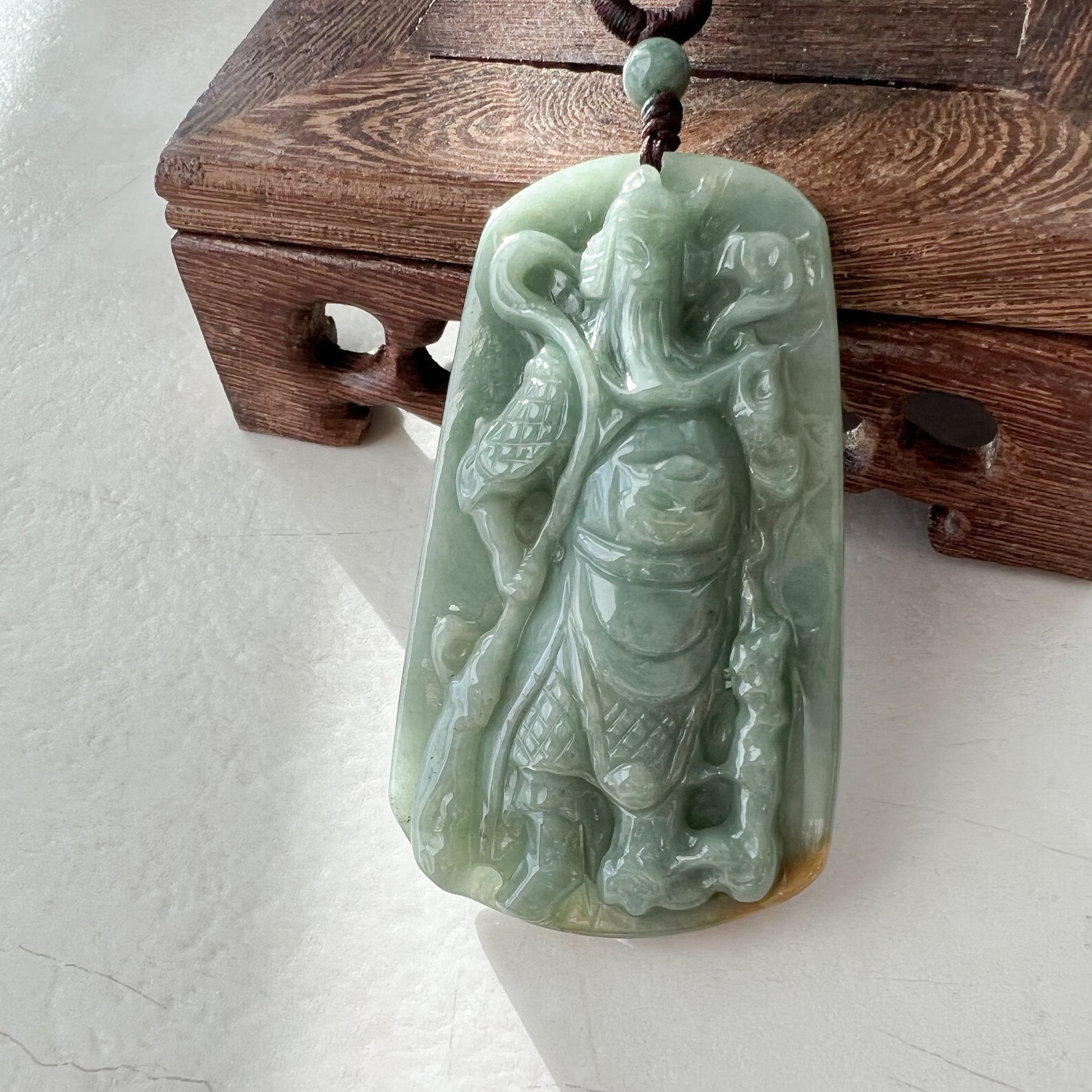 Large Green Jadeite Jade Guan Yu Guan Gong Carved Pendant Necklace, YJ-1221-0228922 - AriaDesignCollection