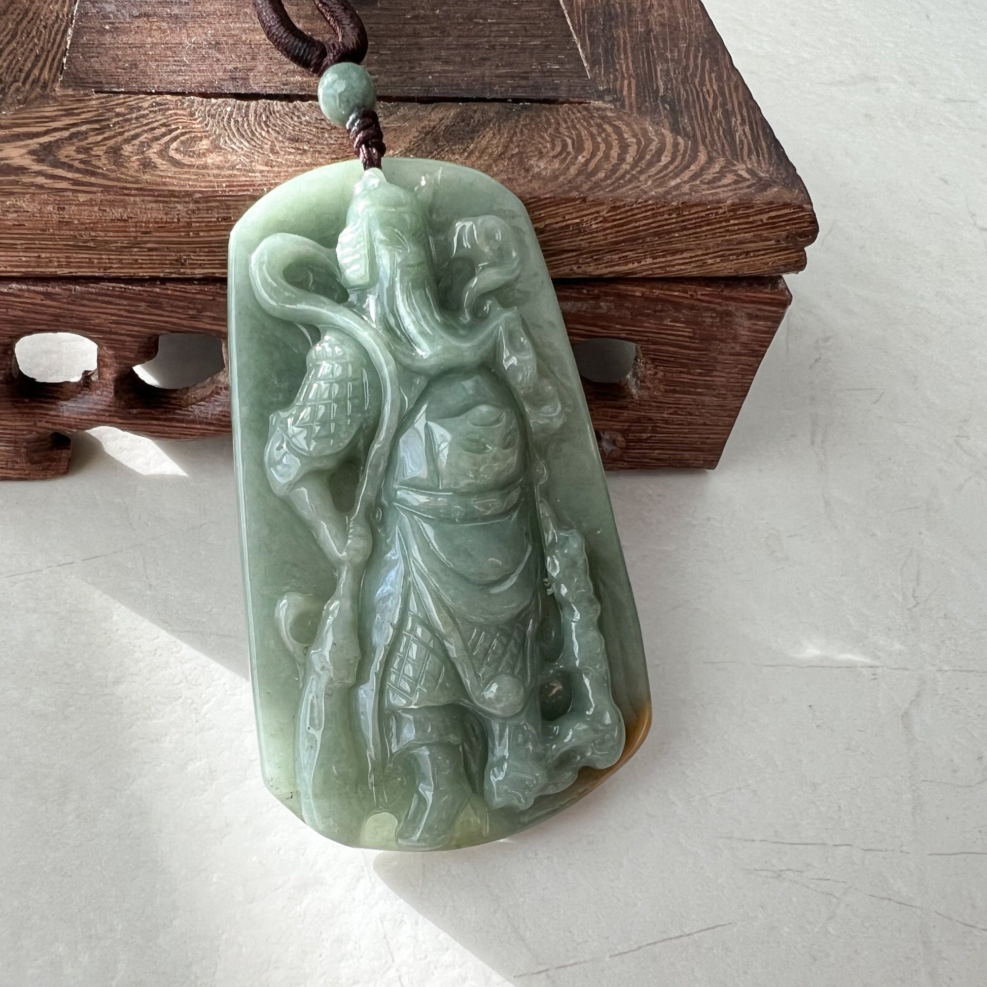 Large Green Jadeite Jade Guan Yu Guan Gong Carved Pendant Necklace, YJ-1221-0228922 - AriaDesignCollection