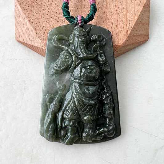 Guan Yu Guan Gong, Dark Green Black Jadeite Jade, God of Wealth and War, Hand Carved Pendant Necklace, YJ-1221-0293562 - AriaDesignCollection
