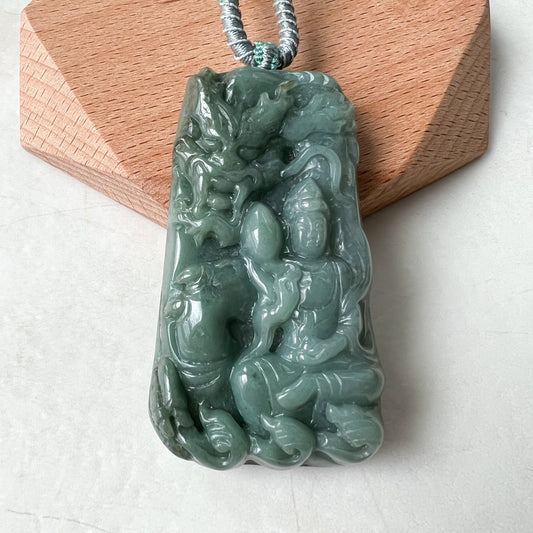 Jadeite Jade Guan Yin Kwan Yin Protected by Dragon Avalokitesvara Semi-Translucent Carved Pendant Necklace, YJ-1221-0227738 - AriaDesignCollection