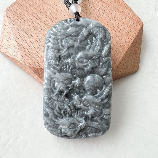 Black Jade 9 Dragon Jadeite Jade Chinese Zodiac Hand Carved Pendant Necklace, YJ-1221-0135364 - AriaDesignCollection
