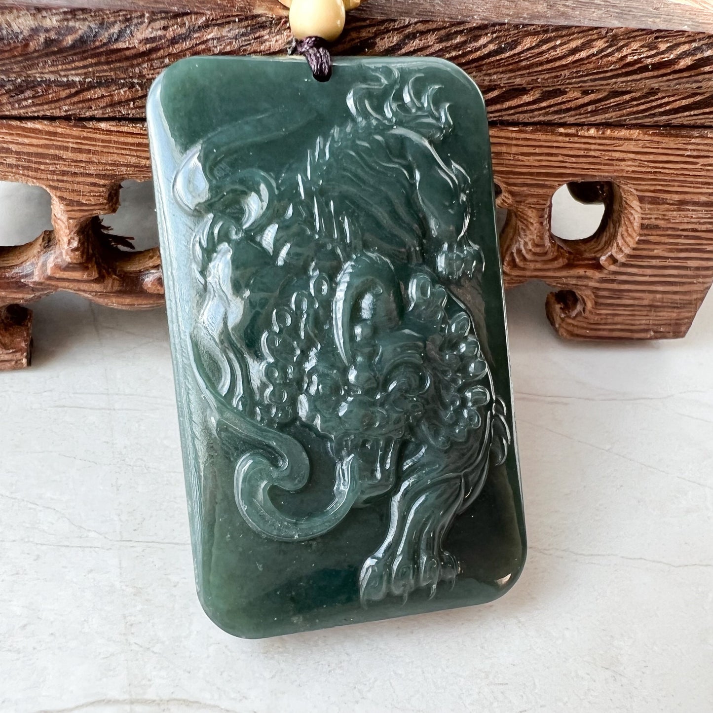 Nephrite Jade Tiger, Dark Green Jade, Chinese Zodiac Carved Pendant Necklace, NVN-1221-1646272324 - AriaDesignCollection