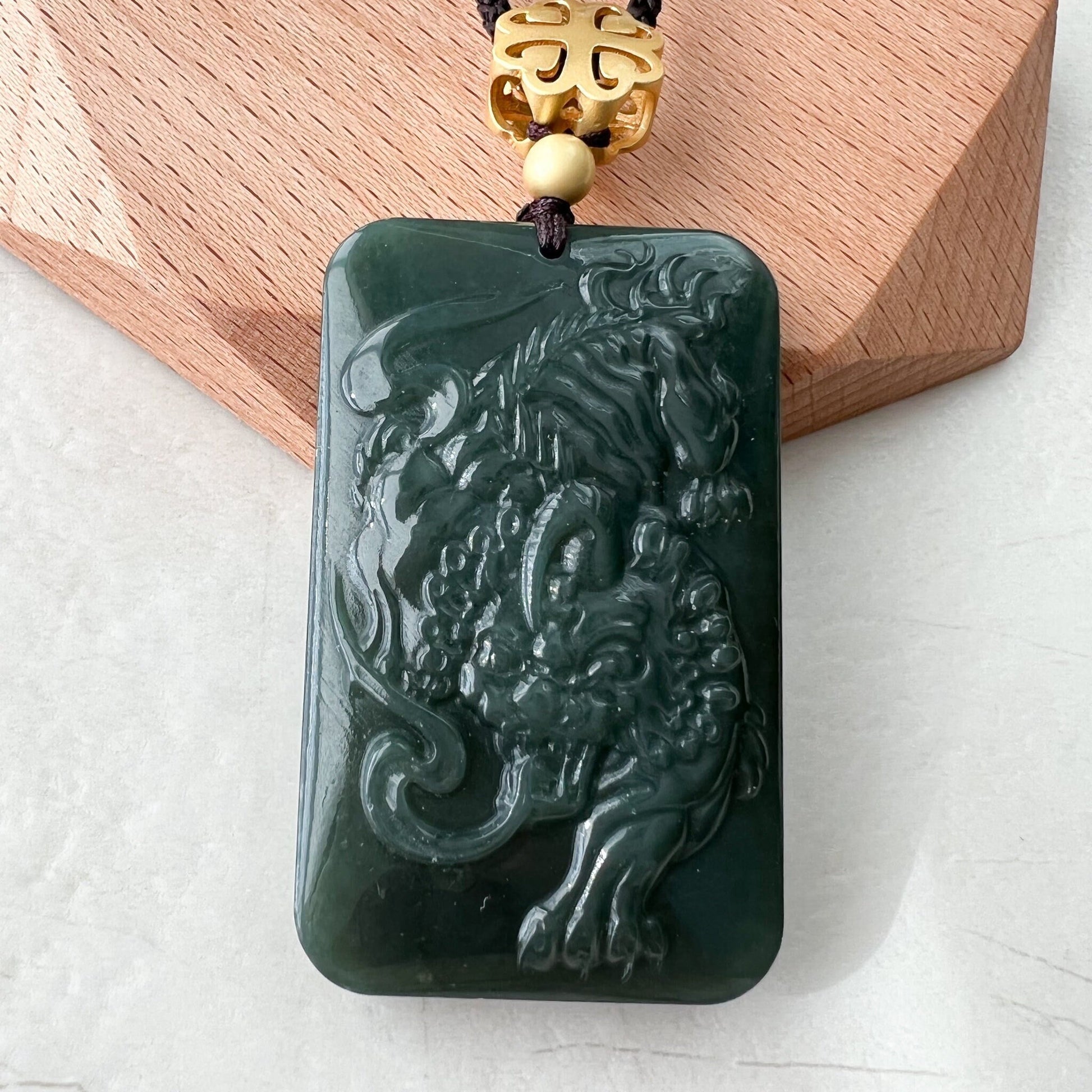 Nephrite Jade Tiger, Dark Green Jade, Chinese Zodiac Carved Pendant Necklace, NVN-1221-1646272324 - AriaDesignCollection