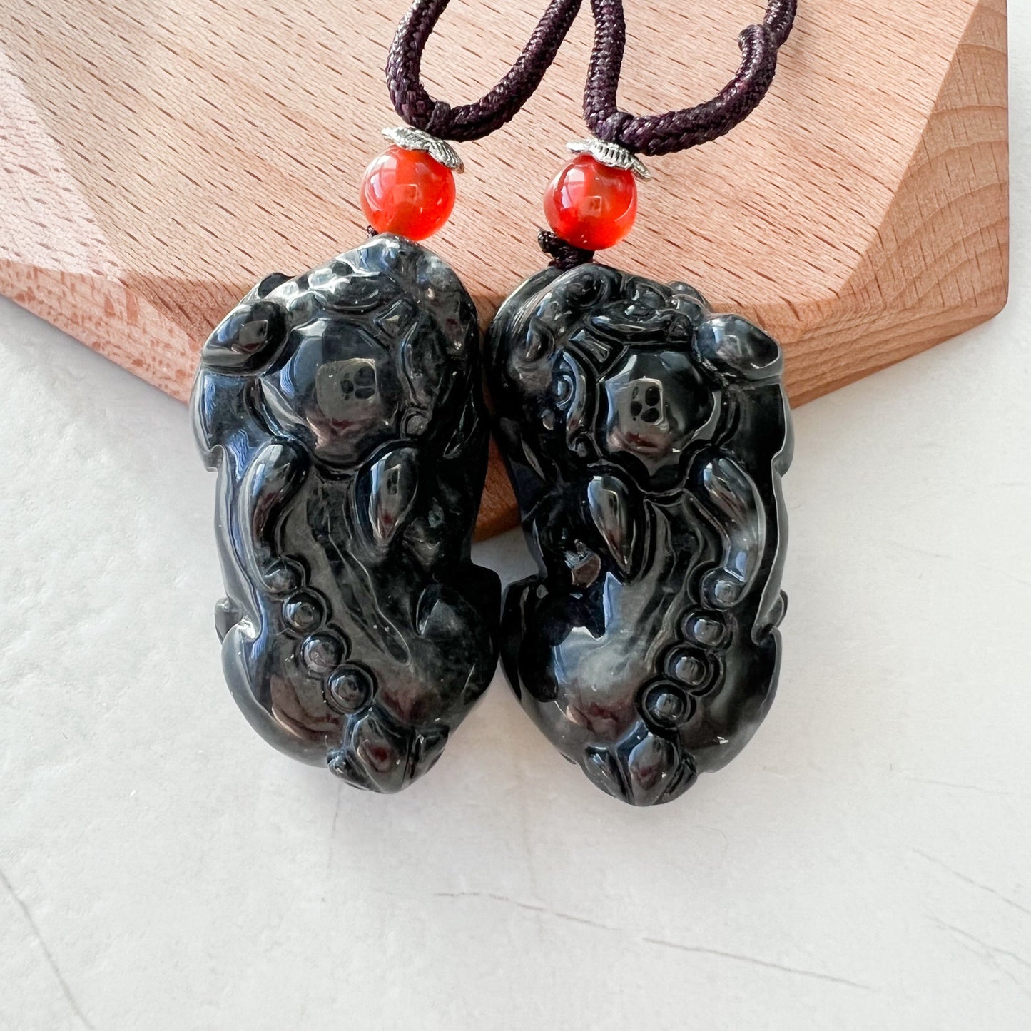 Pair Dual Couple Pendant, Black Jadeite Jade Dragon Pixiu Dragon Chinese Carved Pendant, YJ-1221-0203572 - AriaDesignCollection