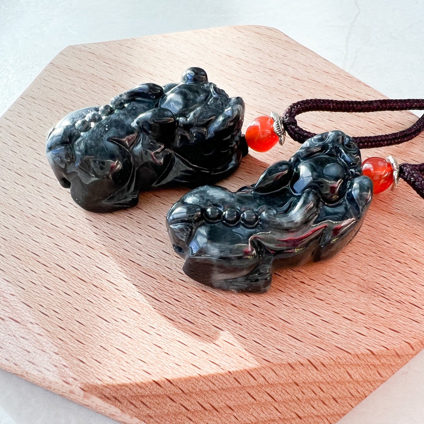 Pair Dual Couple Pendant, Black Jadeite Jade Dragon Pixiu Dragon Chinese Carved Pendant, YJ-1221-0203572 - AriaDesignCollection