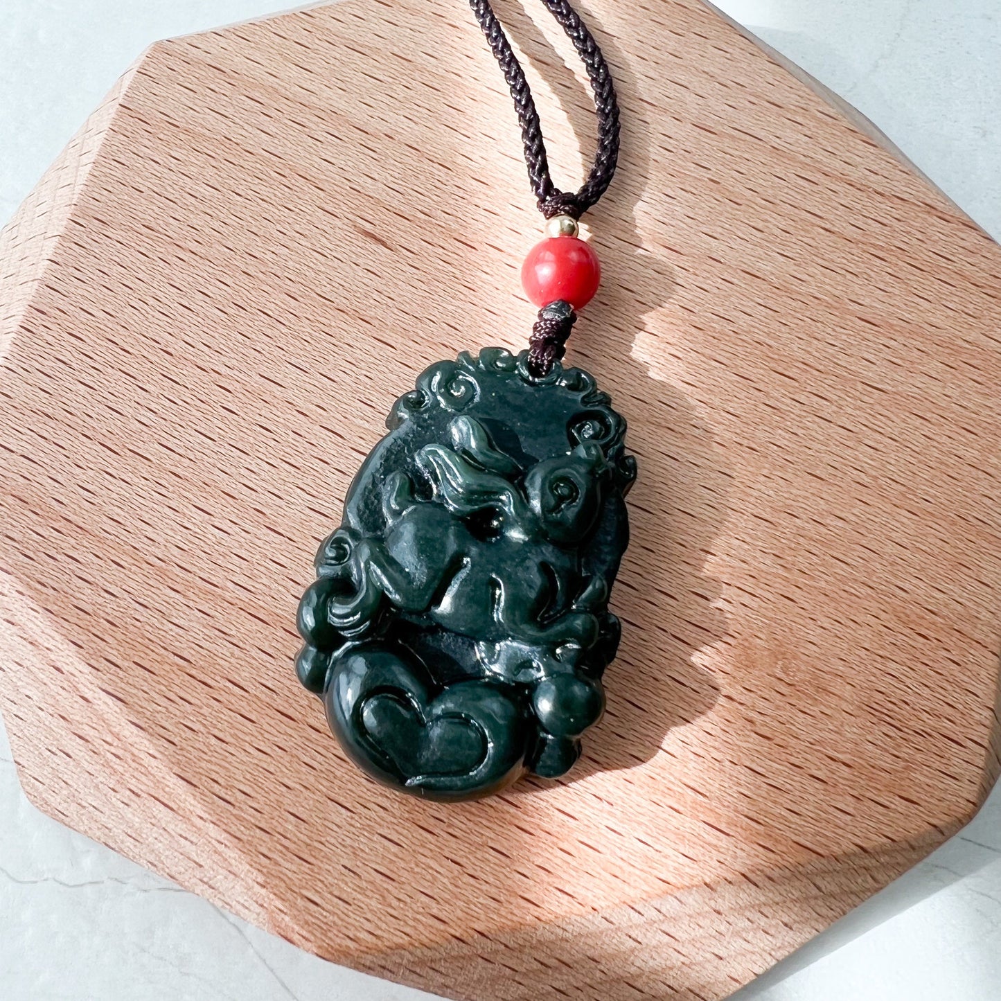 Dark Green Jade, Nephrite Jade, Rabbit Chinese Zodiac Carved Pendant Necklace, RM-1221-1646271830 - AriaDesignCollection