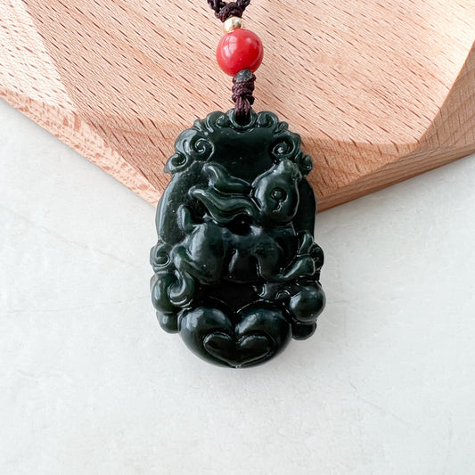 Dark Green Jade, Nephrite Jade, Rabbit Chinese Zodiac Carved Pendant Necklace, RM-1221-1646271830 - AriaDesignCollection