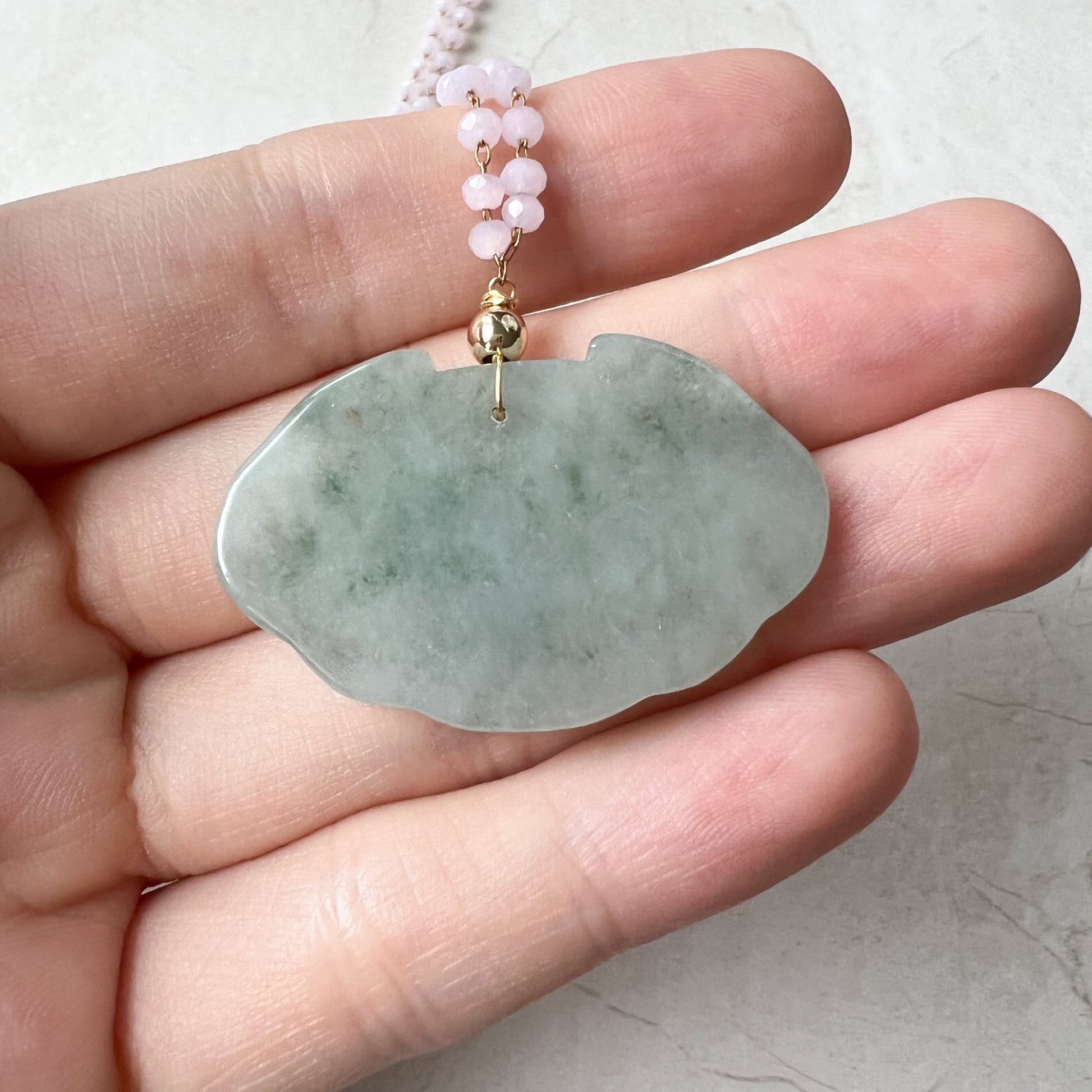 Small Jadeite Jade Longevity Lock Carved Necklace, HY-0921-0061992 - AriaDesignCollection