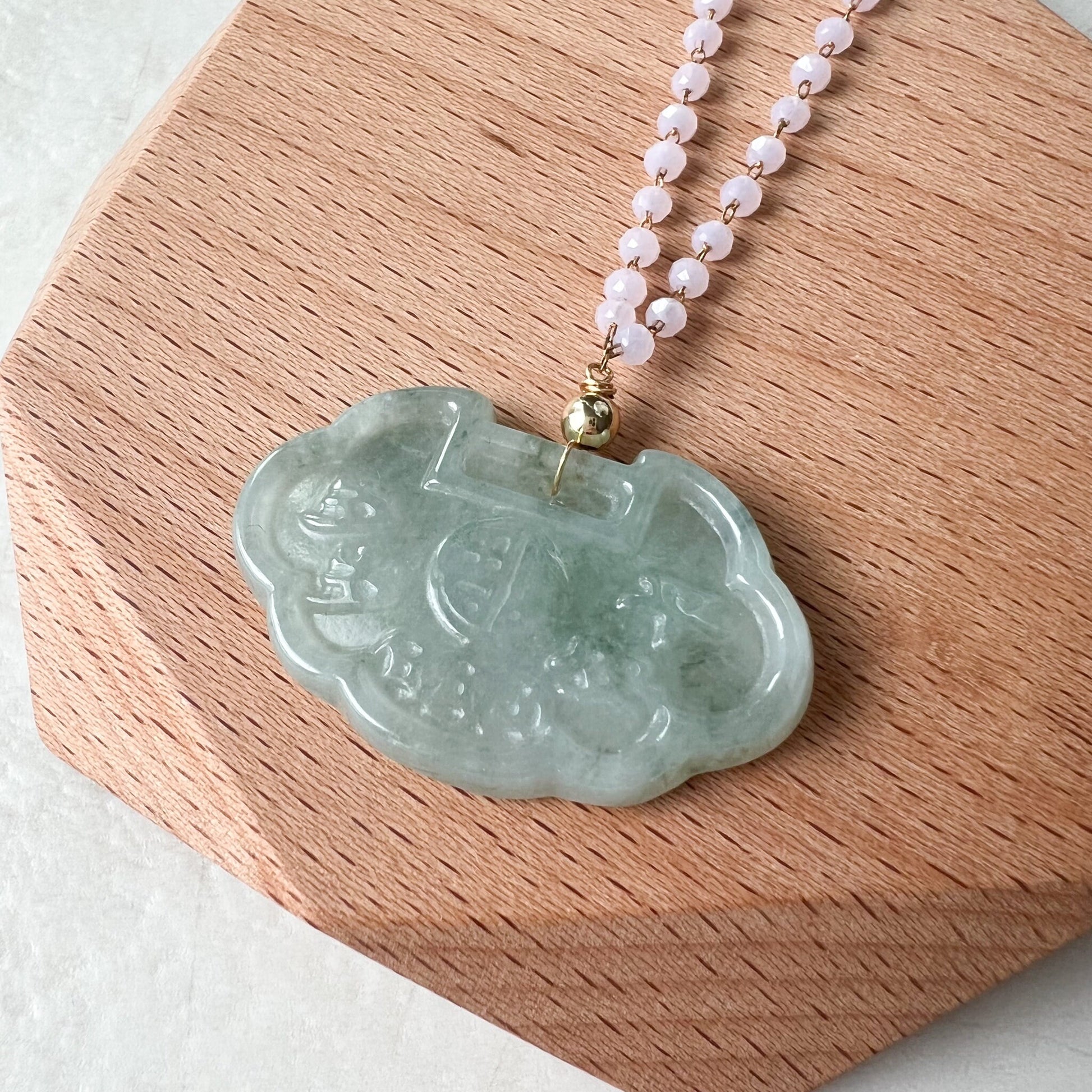 Small Jadeite Jade Longevity Lock Carved Necklace, HY-0921-0061992 - AriaDesignCollection