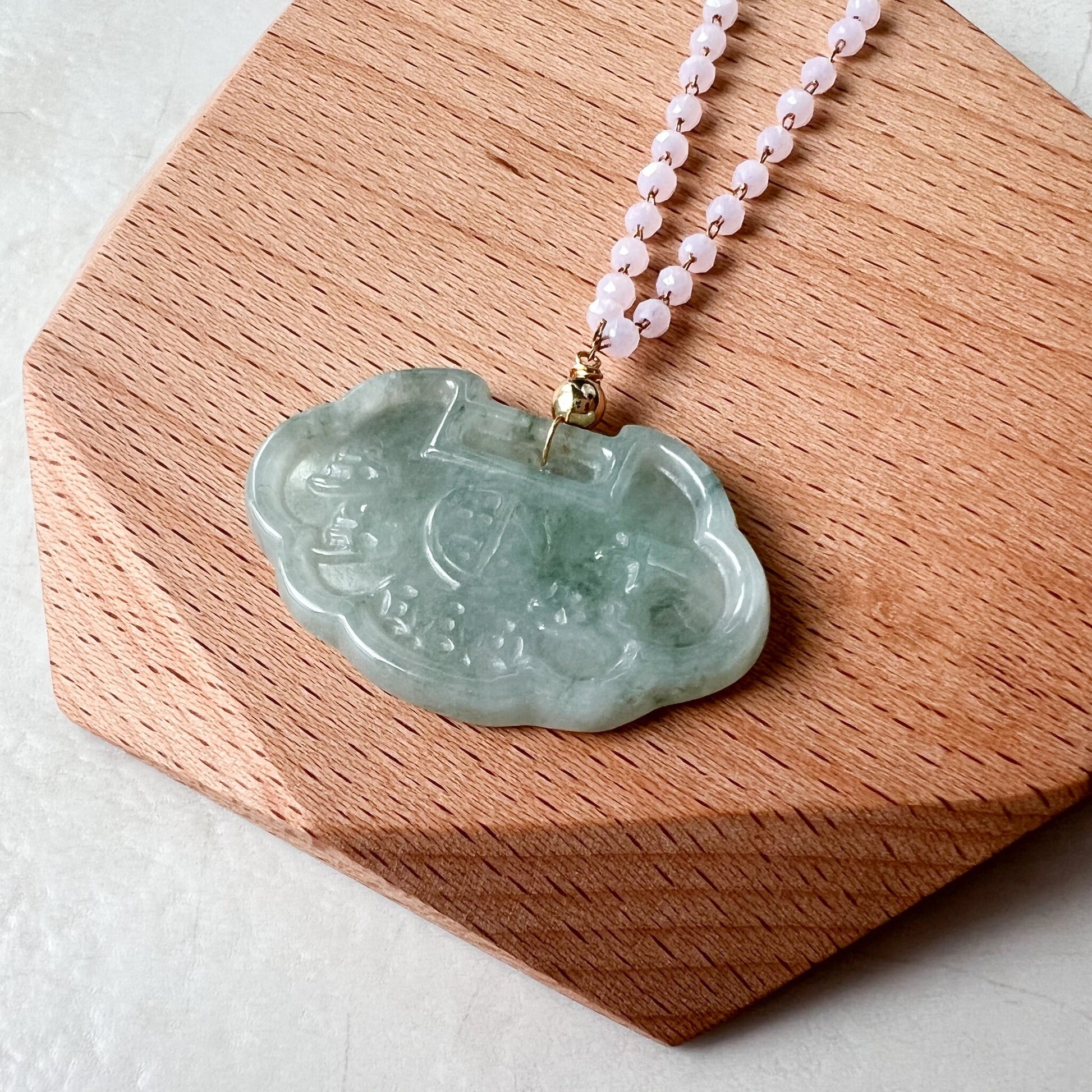 Small Jadeite Jade Longevity Lock Carved Necklace, HY-0921-0061992 - AriaDesignCollection