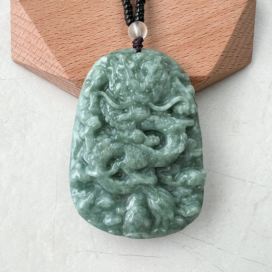 Green Jadeite Jade Dragon Chinese Zodiac Hand Carved Pendant Necklace, YJ-1221-0215654 - AriaDesignCollection