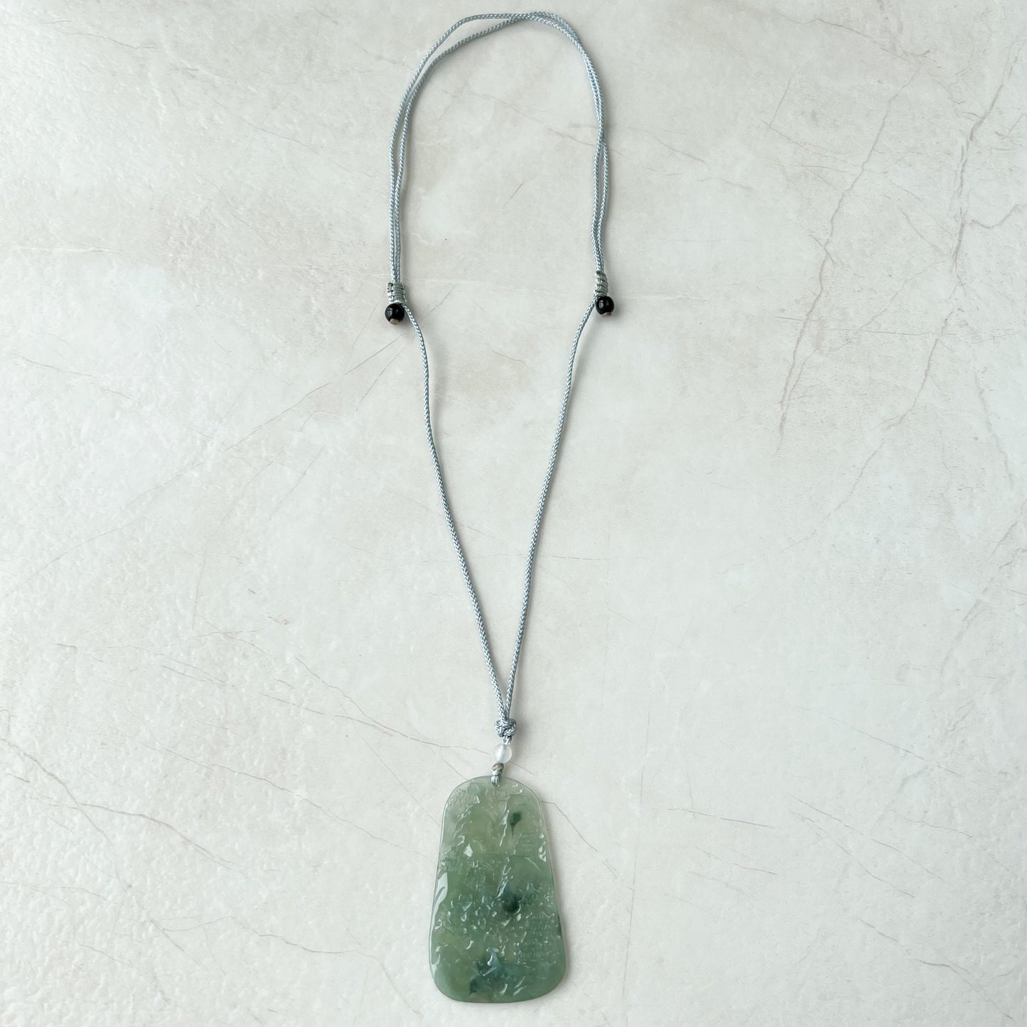 Icy Translucent Jadeite Jade Thin Landscape Mountain Forest River Scenery Hand Carved Pendant Necklace, ZYF-1221-1646196175 - AriaDesignCollection