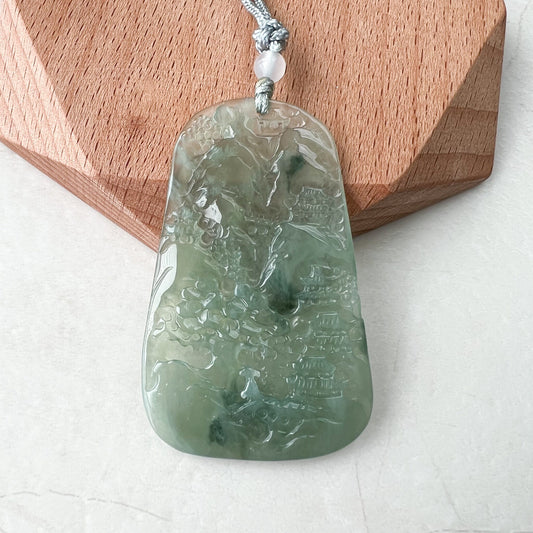 Icy Translucent Jadeite Jade Thin Landscape Mountain Forest River Scenery Hand Carved Pendant Necklace, ZYF-1221-1646196175 - AriaDesignCollection