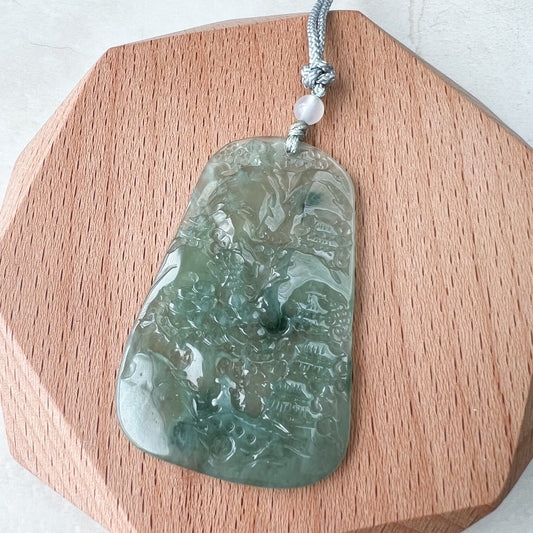 Icy Translucent Jadeite Jade Thin Landscape Mountain Forest River Scenery Hand Carved Pendant Necklace, ZYF-1221-1646196175 - AriaDesignCollection