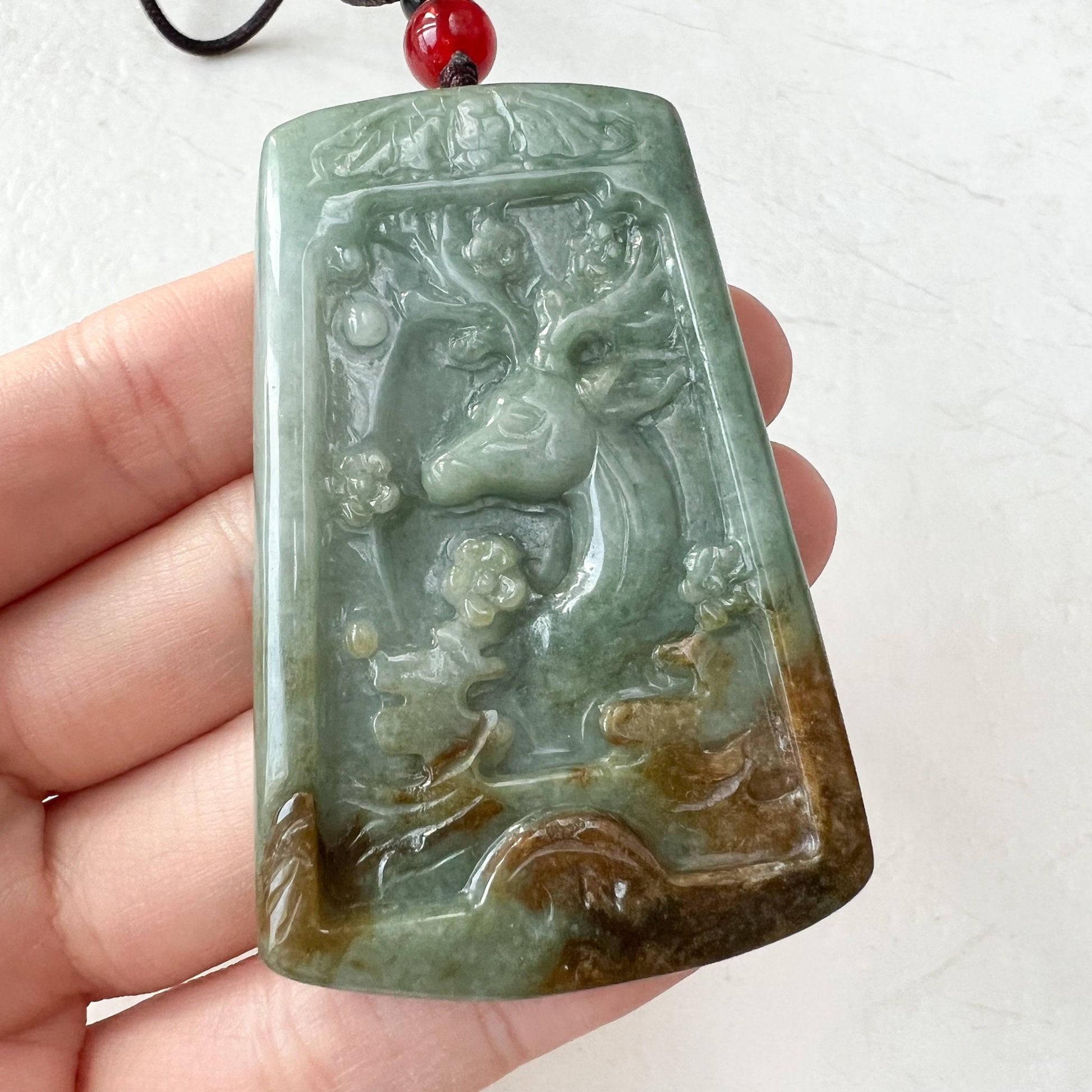 Large Jadeite Jade Deer in Forest Hand Carved Pendant Necklace, YJ-1221-0235521 - AriaDesignCollection