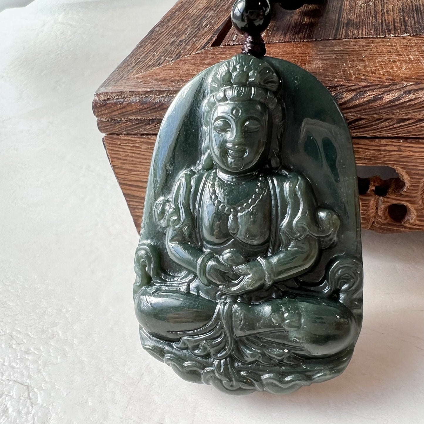 Dark Green Nephrite Jade Guan Yin Necklace, Hand Carved, Dark Green, Pendant, DSL-1221-1646191685 - AriaDesignCollection