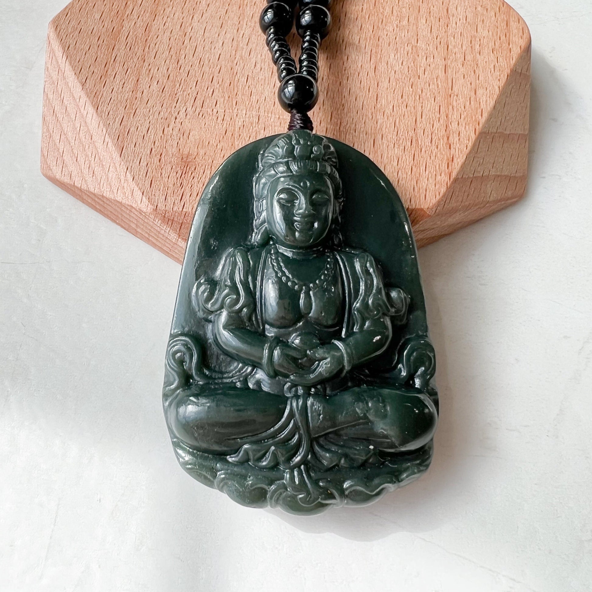 Dark Green Nephrite Jade Guan Yin Necklace, Hand Carved, Dark Green, Pendant, DSL-1221-1646191685 - AriaDesignCollection